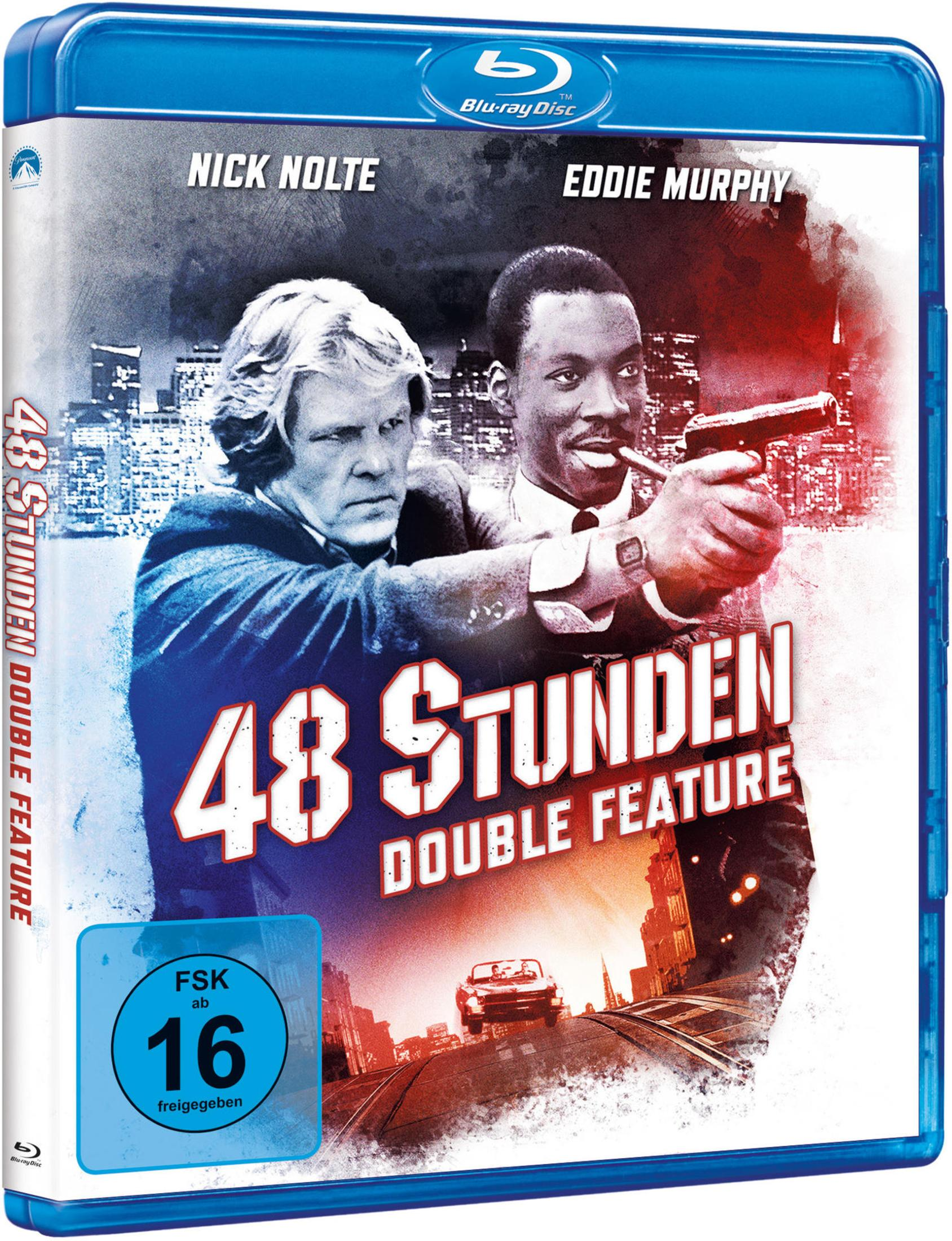 Blu-ray-Hülle von 48 Stunden Double Feature mit Nick Nolte und Eddie Murphy mit Waffe.
