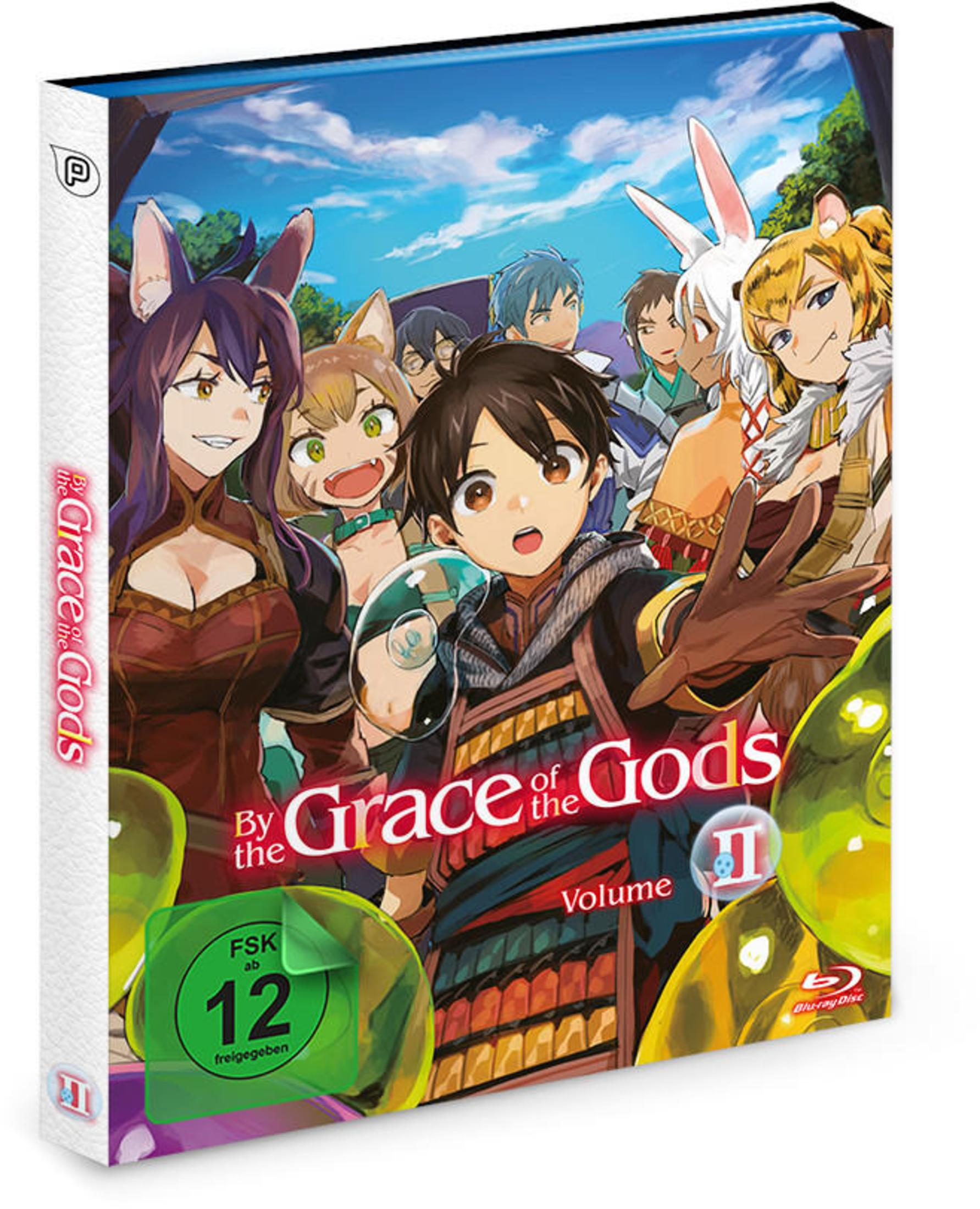 Anime-Blu-ray-Hülle mit dem Titel By the Grace of the Gods, die eine Gruppe fantasy-artiger Charaktere zeigt.