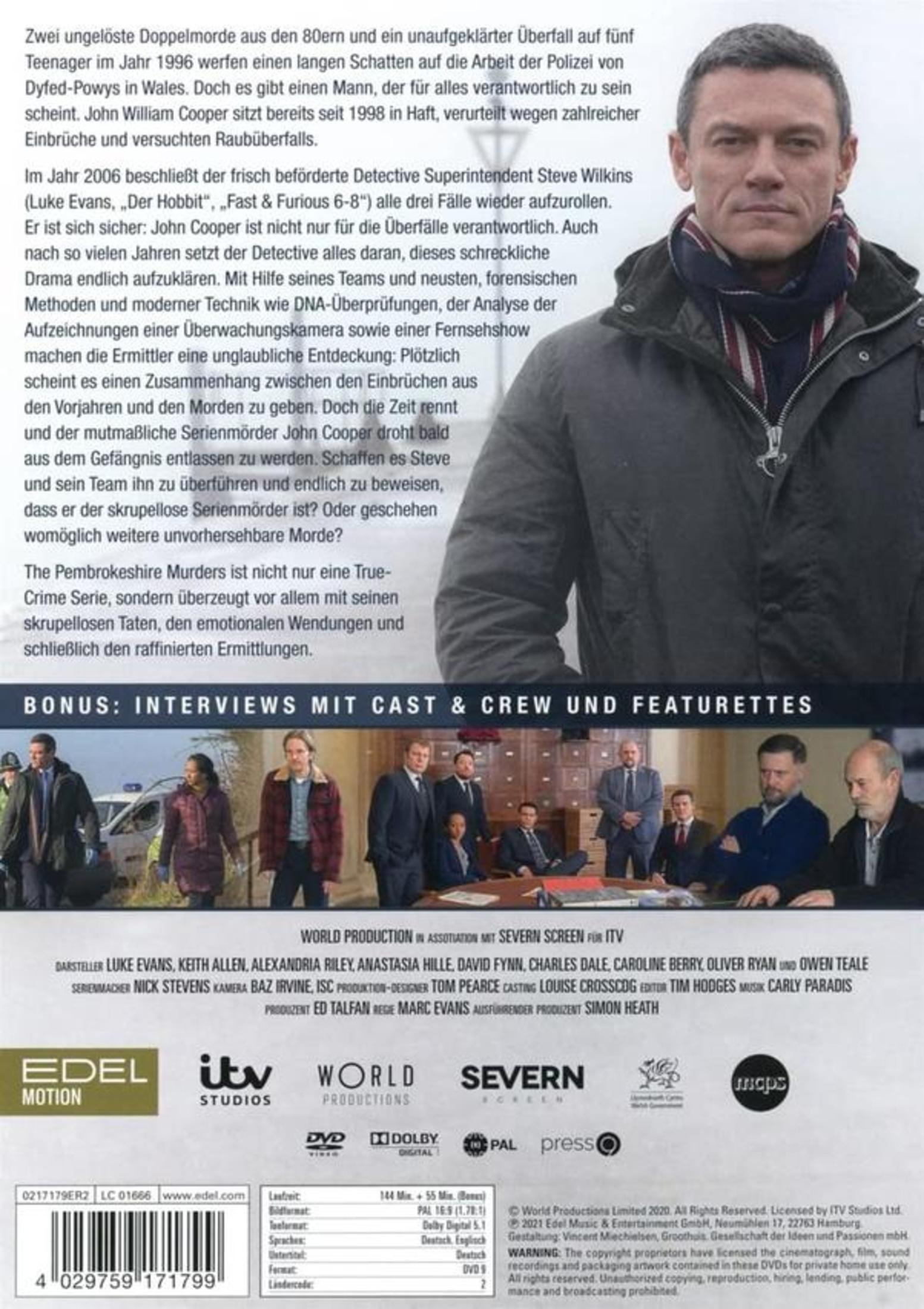 Rückseite der DVD The Pembrokeshire Murders mit Schauspieler Luke Evans und Cast-Foto.