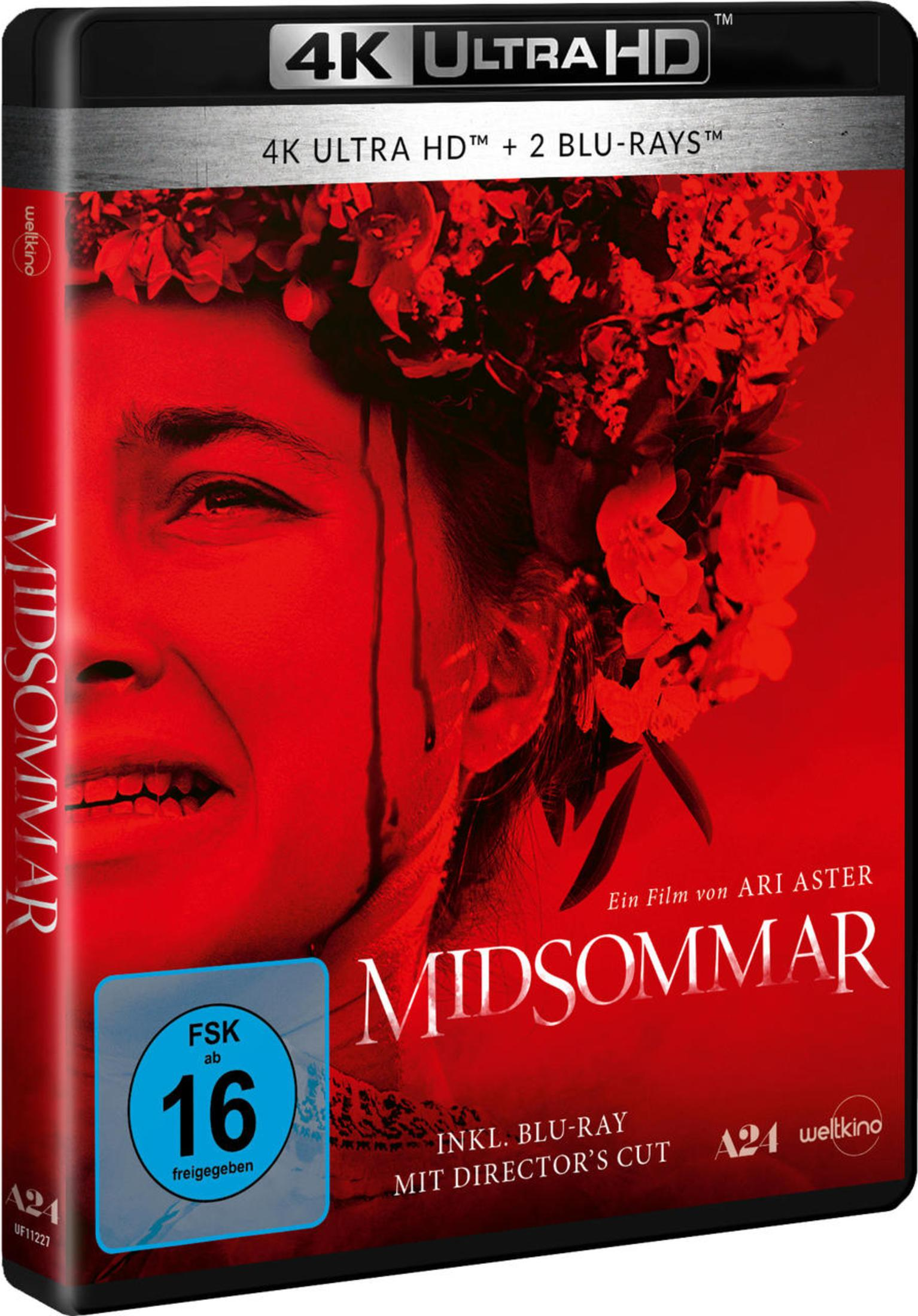 Midsommar 4K Ultra HD Blu-ray Cover mit einer weinenden Frau mit rotem Blumenkranz in roter Szene.