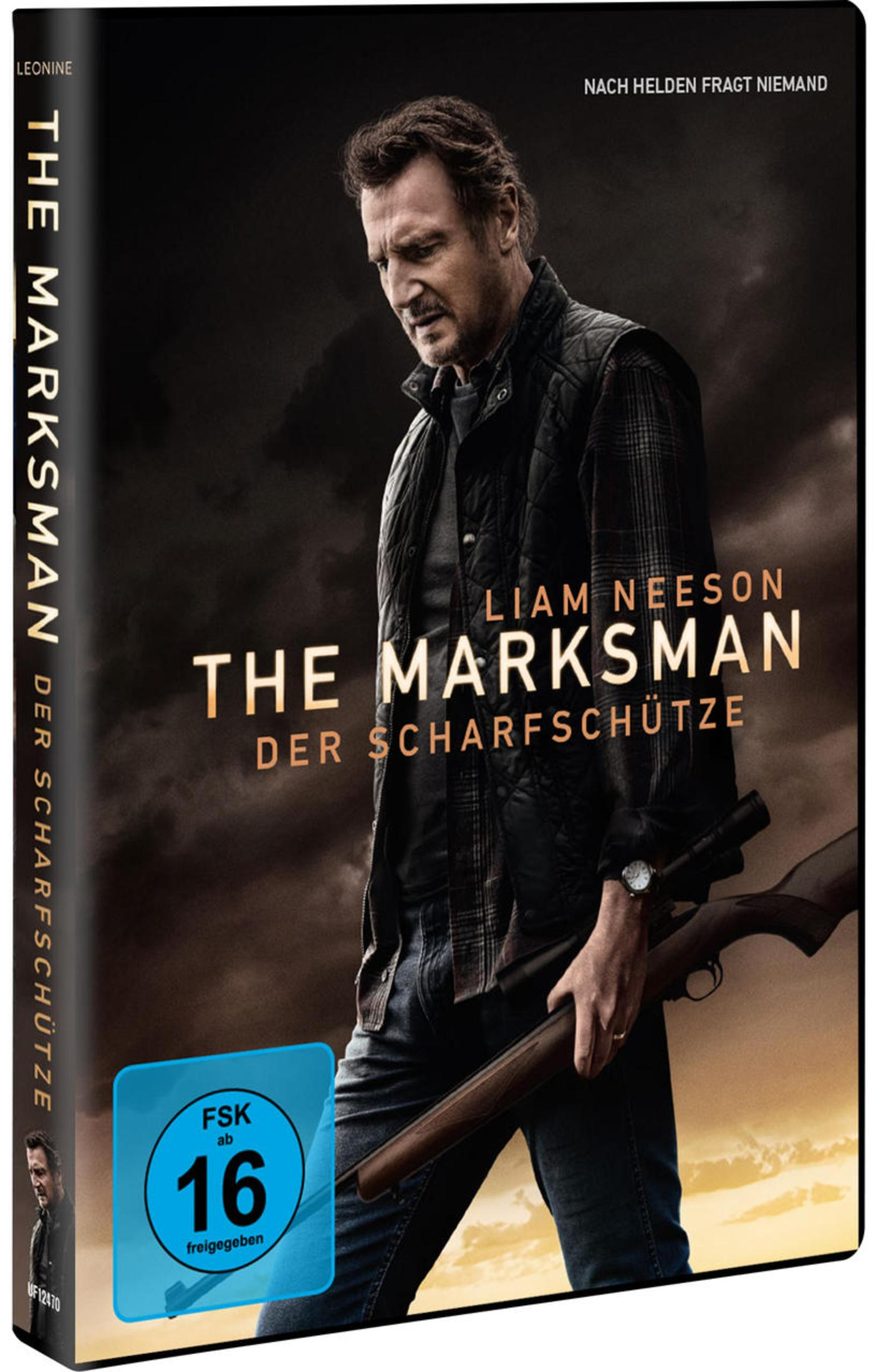 DVD-Cover von The Marksman mit Liam Neeson, der ein Gewehr vor stürmischem Himmel hält.