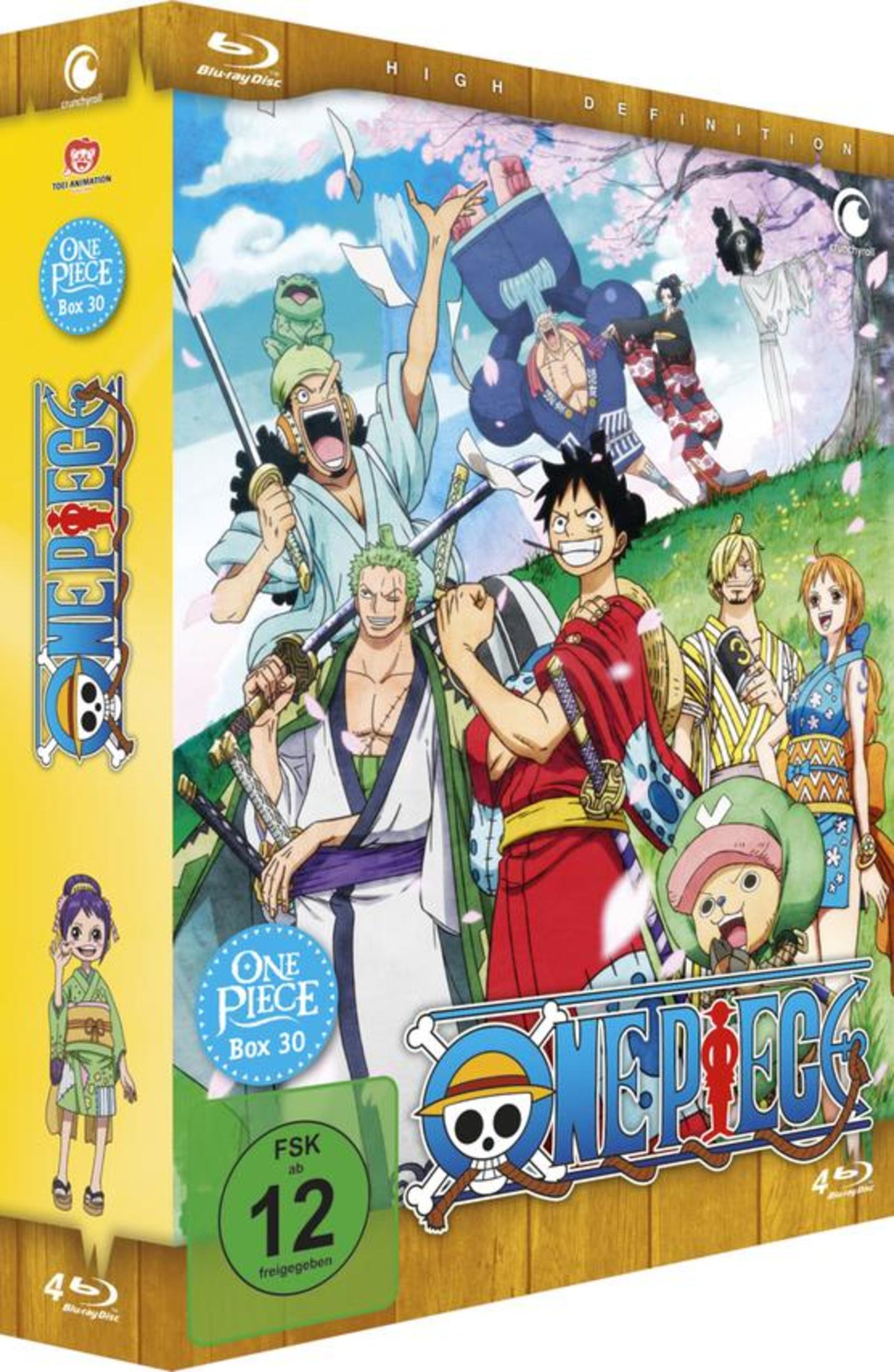 Anime-Charaktere auf einer Blu-ray-Hülle von One Piece Box 30 mit Kirschblüten.