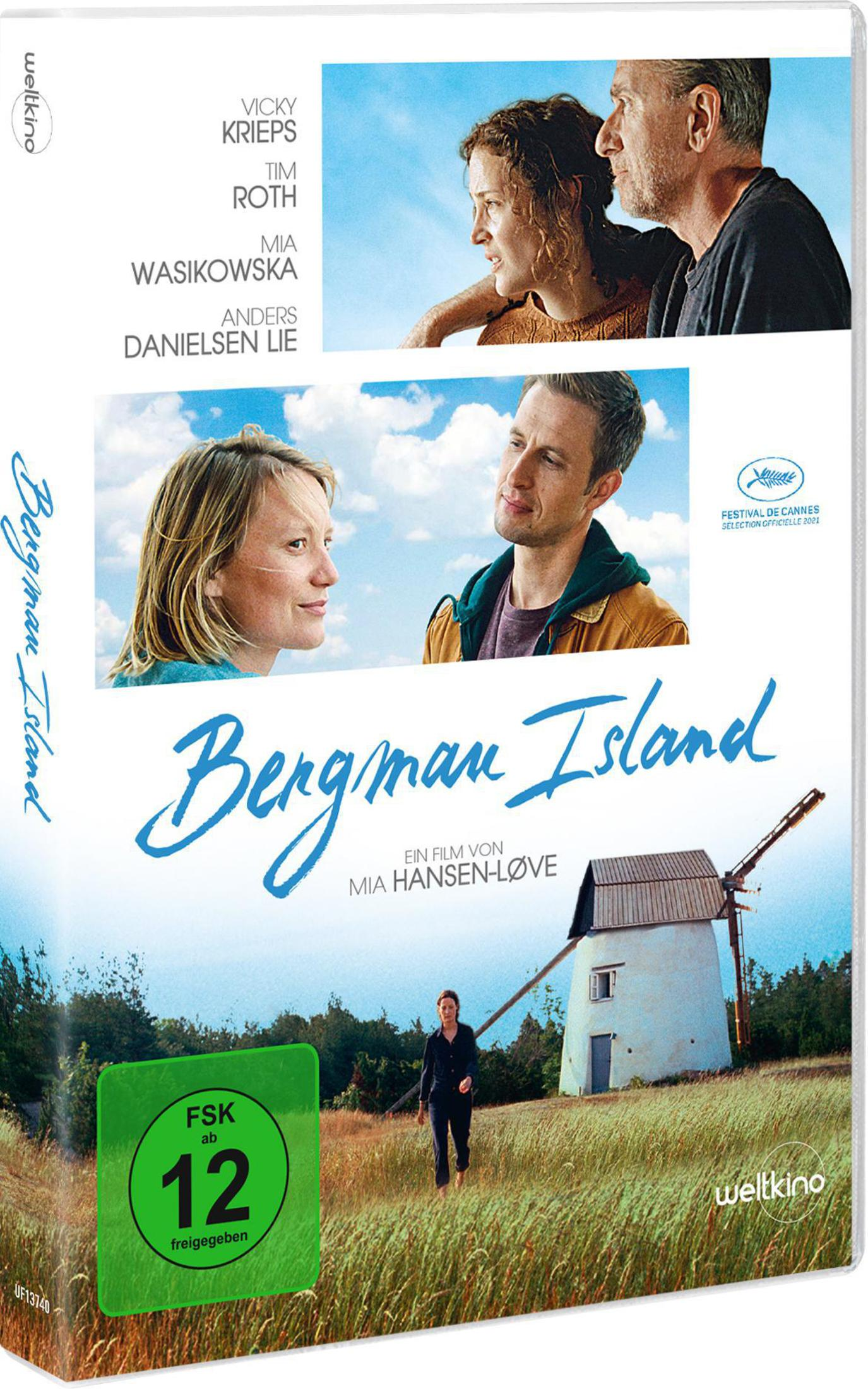 DVD-Cover für Bergman Island mit Darstellerfotos, Titel und einer Frau, die in einem Feld neben einer Mühle geht.