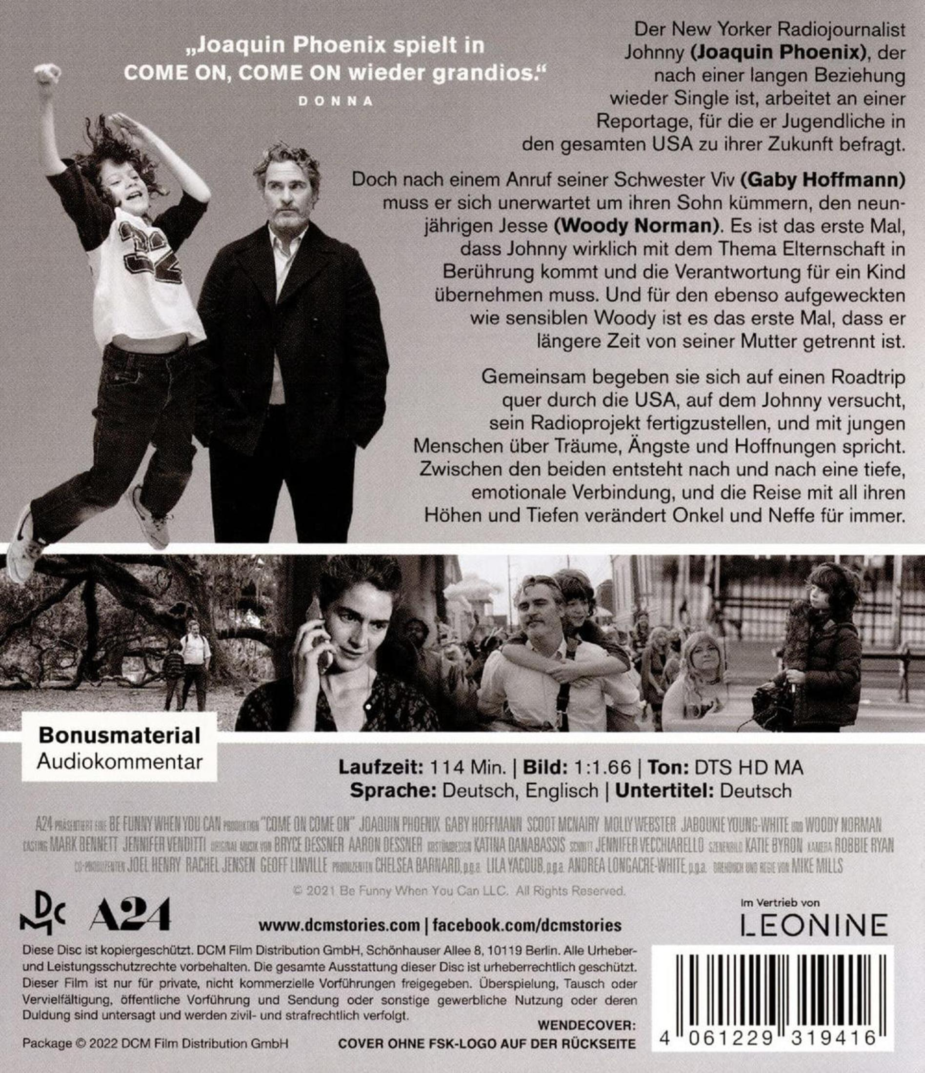 DVD-Rückseite des Films Come On, Come On mit Joaquin Phoenix, Text auf Deutsch und Szenenbildern.