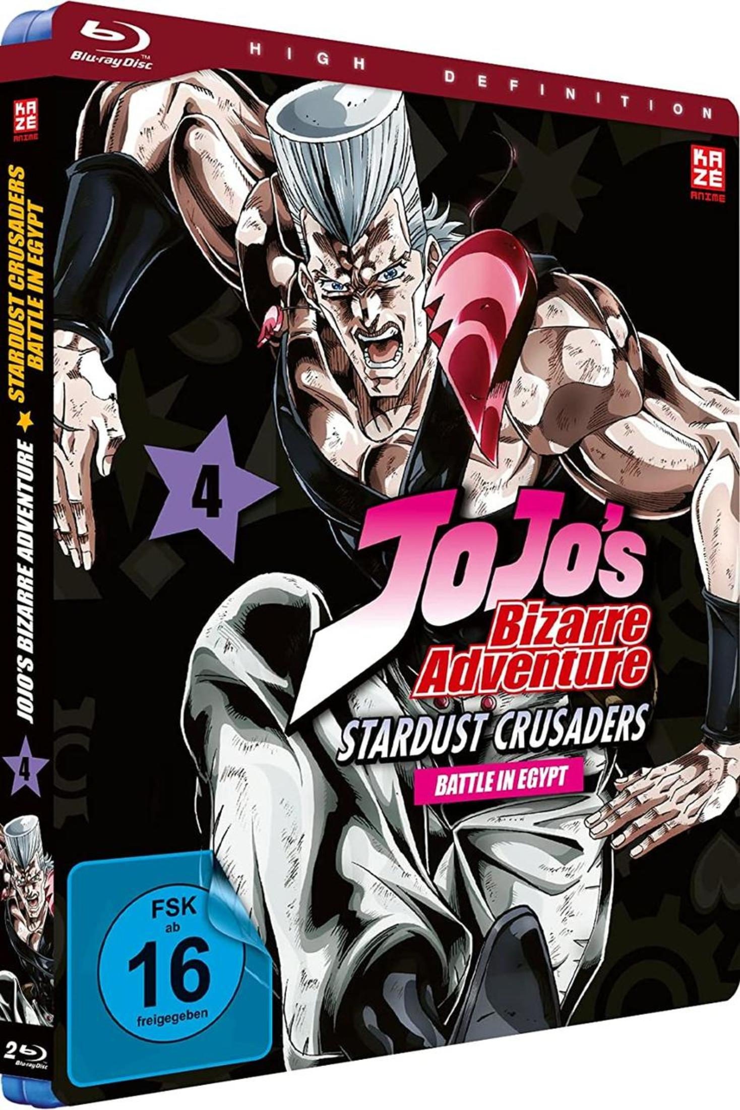 Anime-Blu-ray-Hülle mit JoJo's Bizarre Adventure, zeigt Polnareff mit silbernem Haar und FSK 16-Logo.