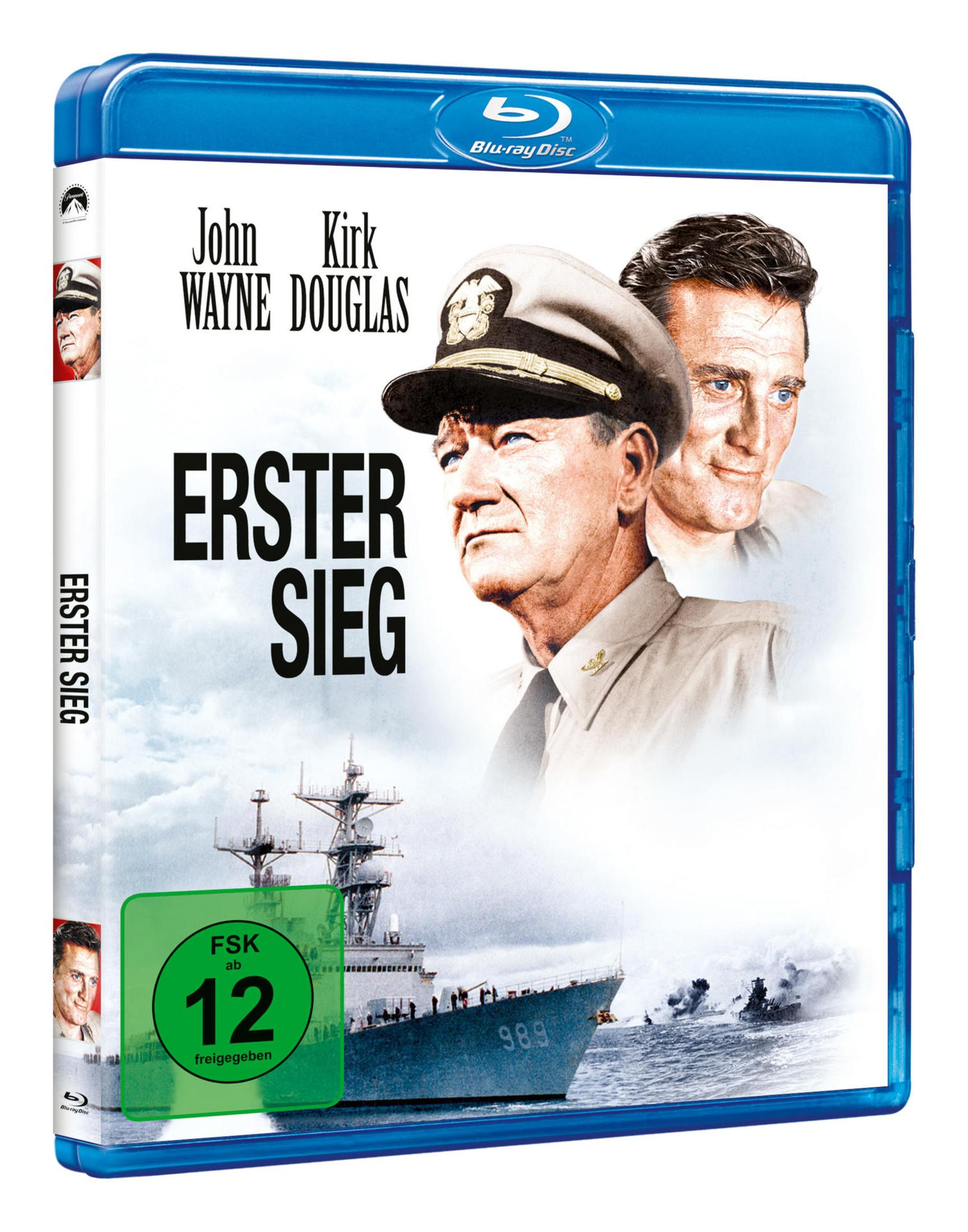 Blu-ray-Hülle des Films Erster Sieg mit John Wayne und Kirk Douglas, Kriegsschiff und FSK-12-Logo.
