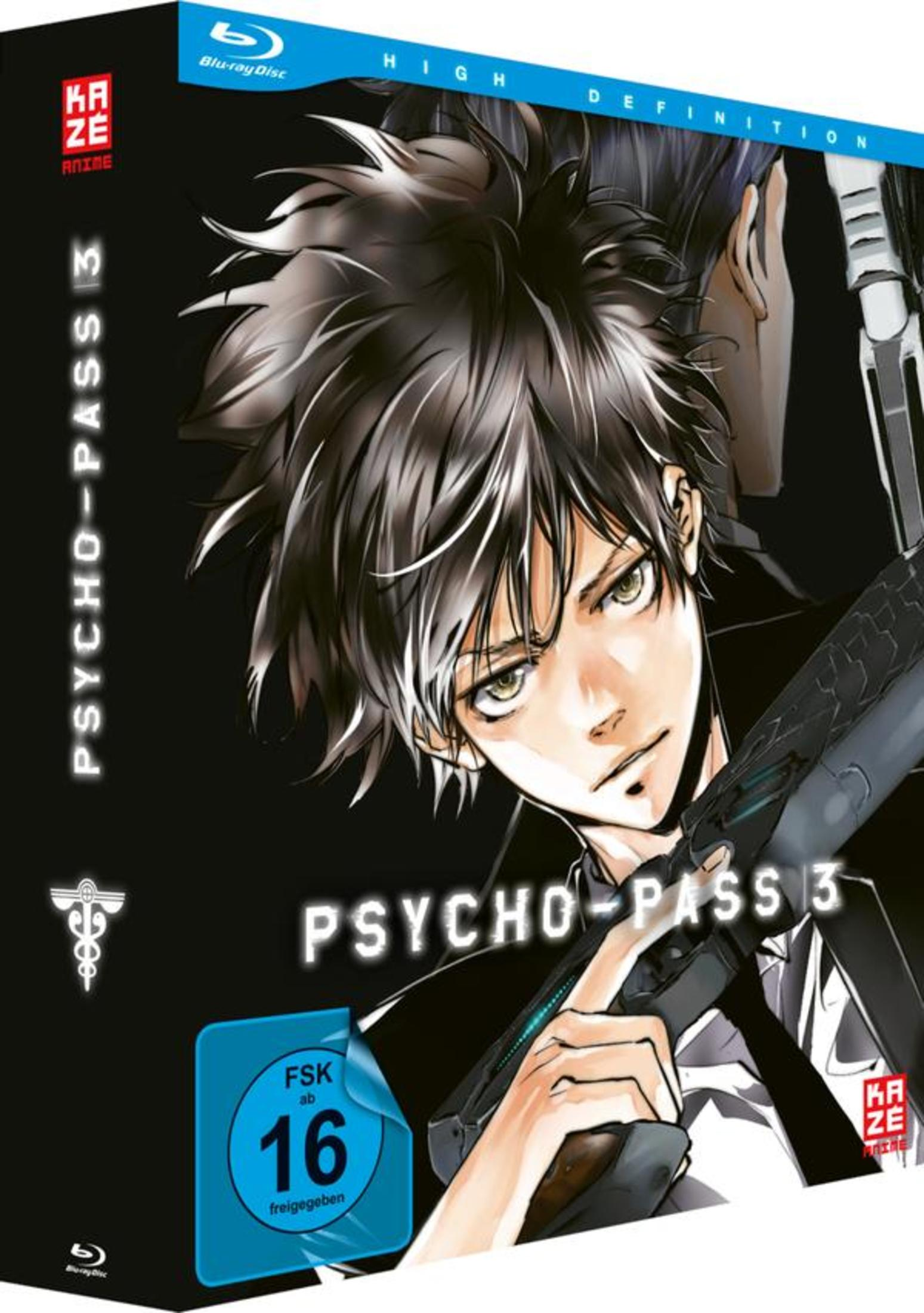 Psycho-Pass 3 Anime Blu-ray-Cover mit zwei männlichen Charakteren und einer futuristischen Waffe vor dunklem Hintergrund.