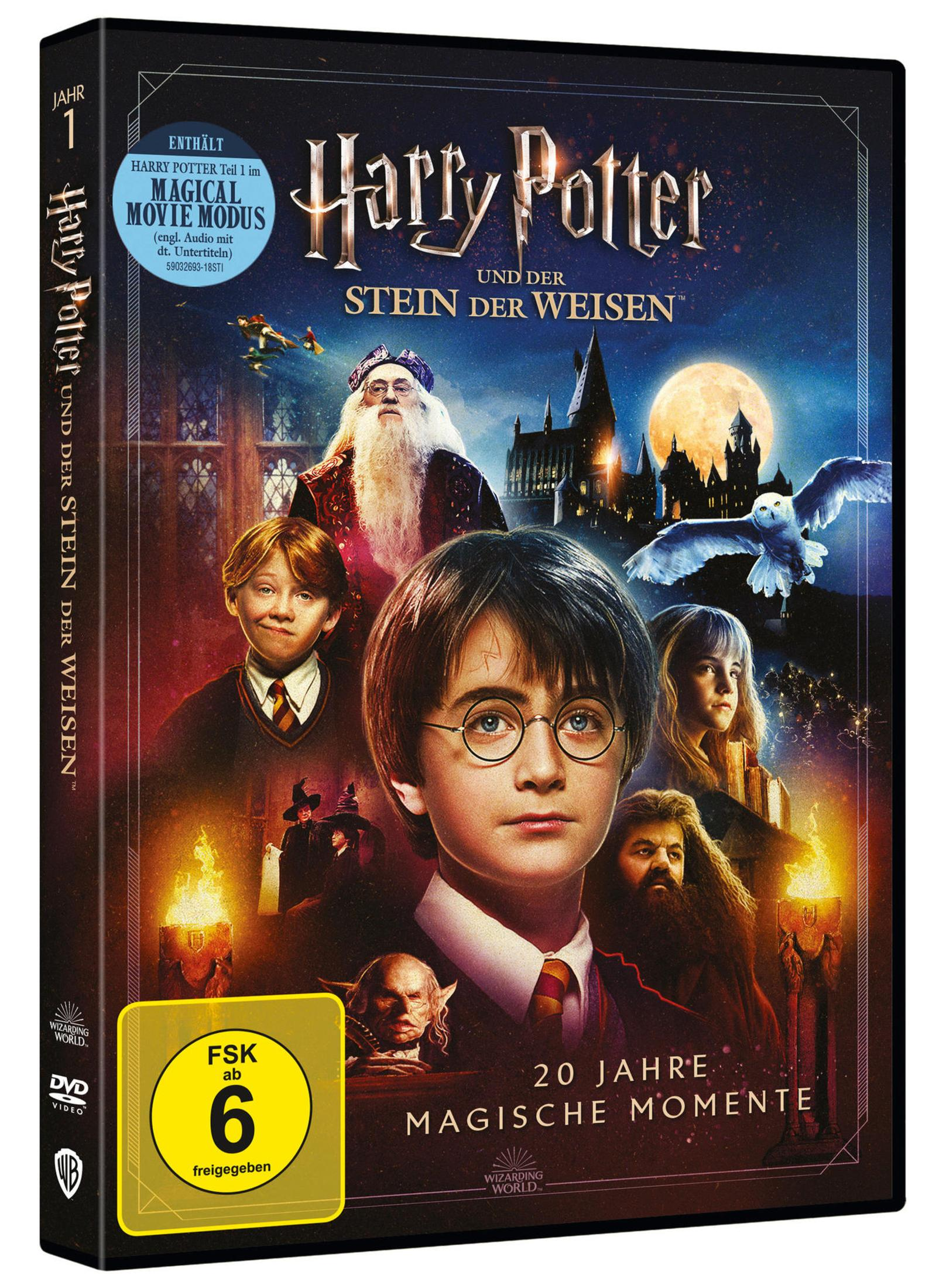 Harry Potter und der Stein der Weisen DVD-Cover mit Hauptfiguren, Schloss Hogwarts und Vollmond.