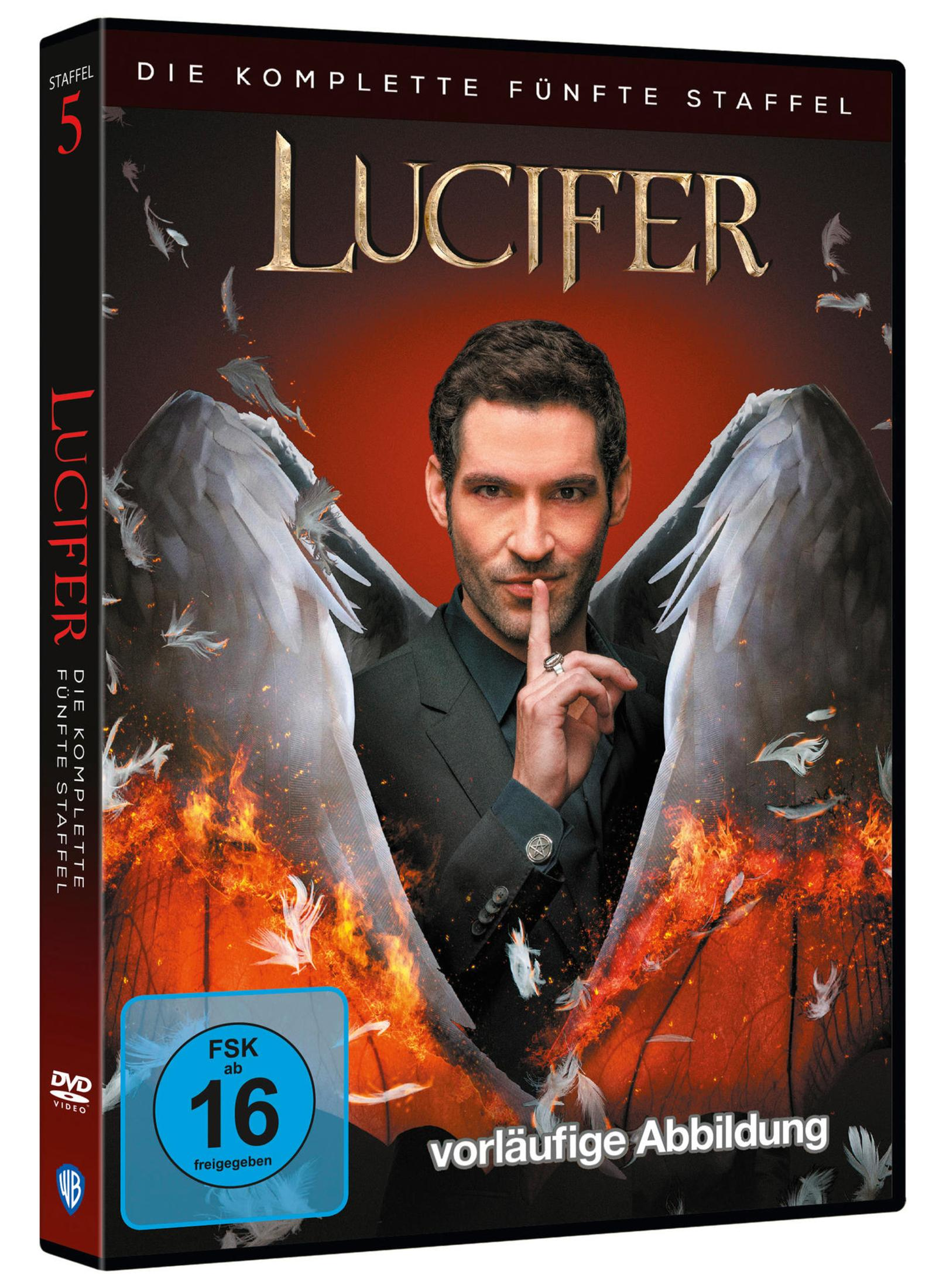DVD-Cover für Lucifer Staffel 5 mit einem Mann mit großen weißen und feurigen Flügeln und dem Finger vor dem Mund.