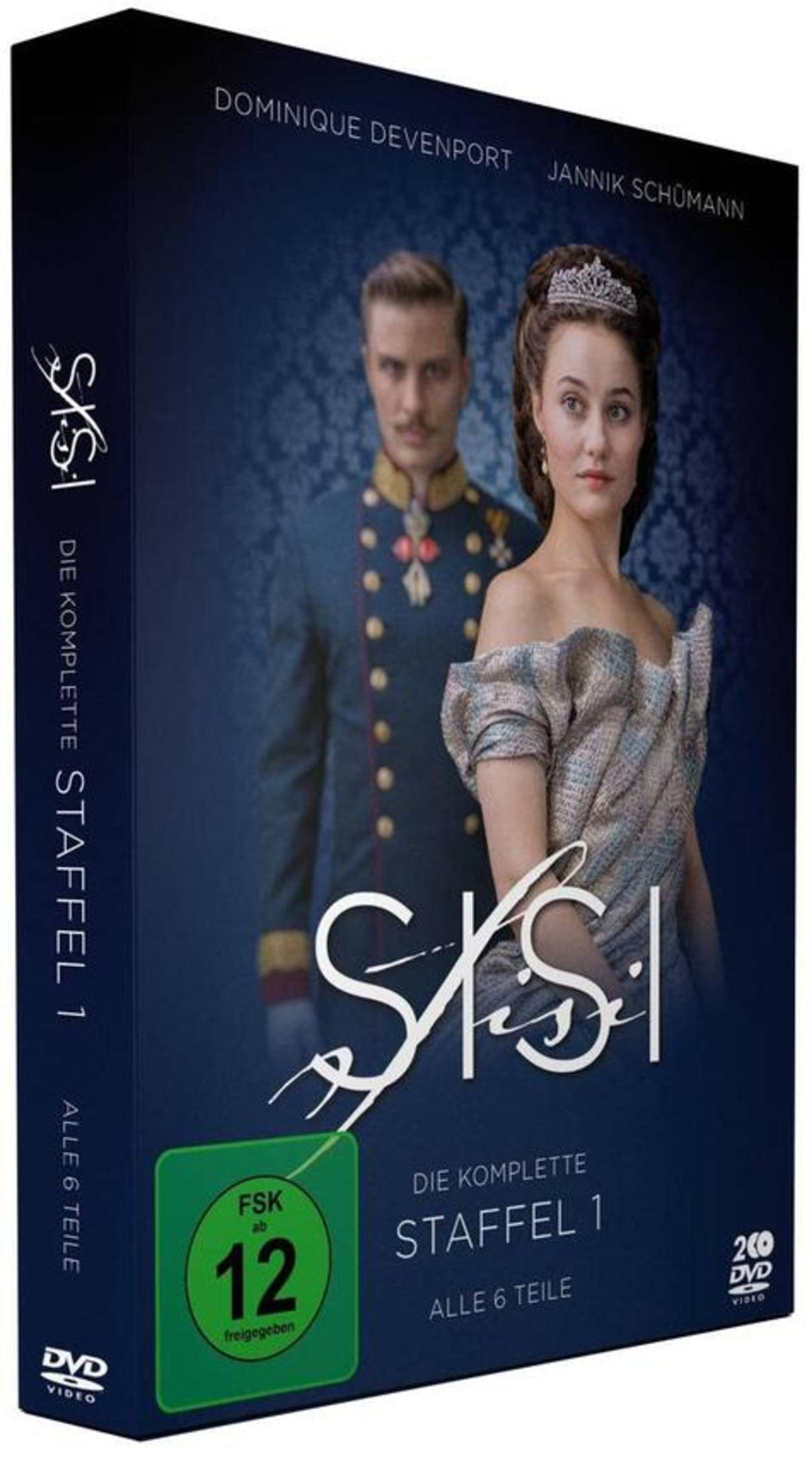 DVD-Hülle von Sisi Staffel 1 mit Dominique Devenport und Jannik Schümann vor gemustertem Hintergrund.