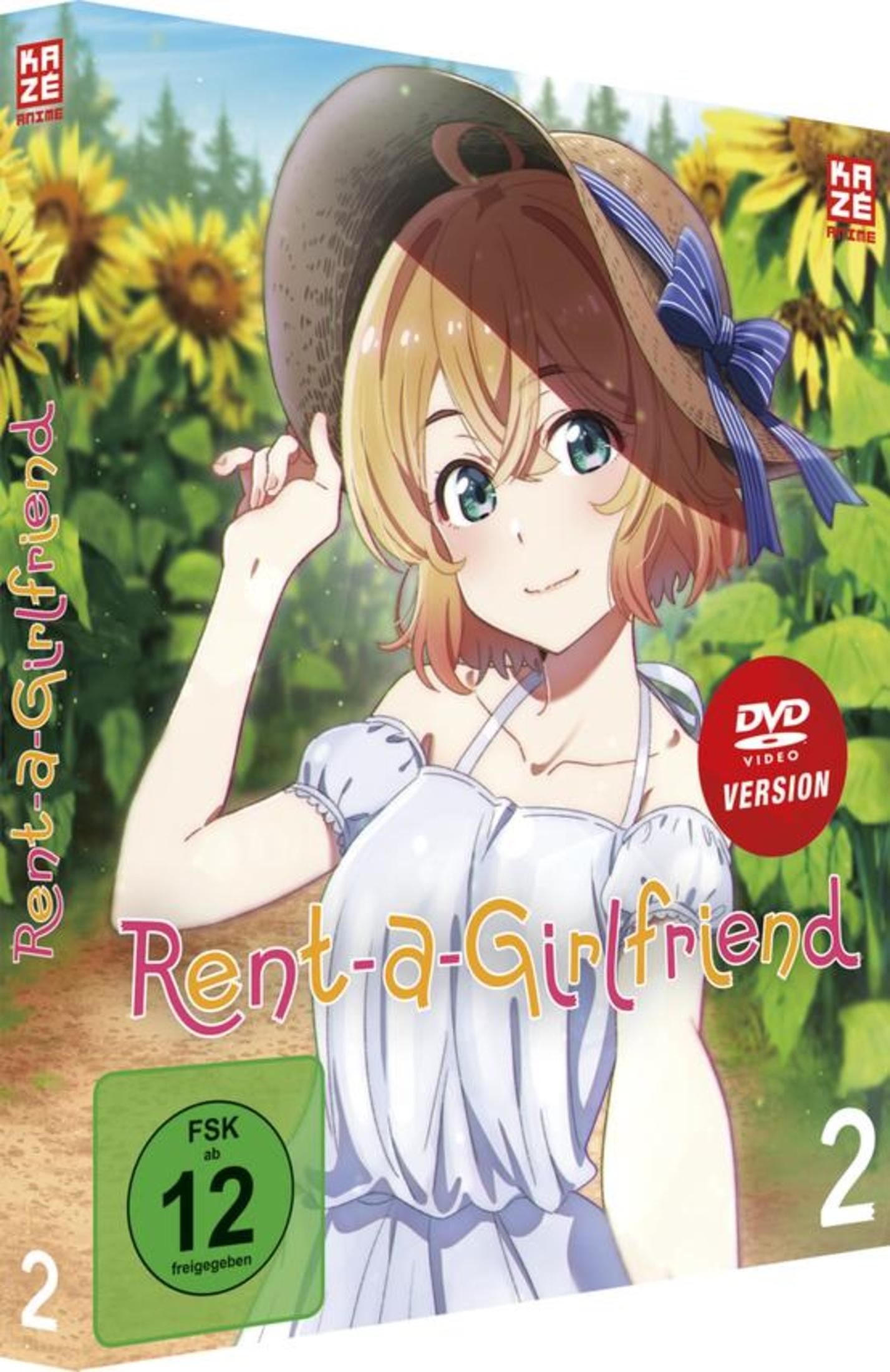 Das DVD-Cover von Rent-A-Girlfriend zeigt ein Anime-Mädchen mit Hut, im Hintergrund Sonnenblumen.