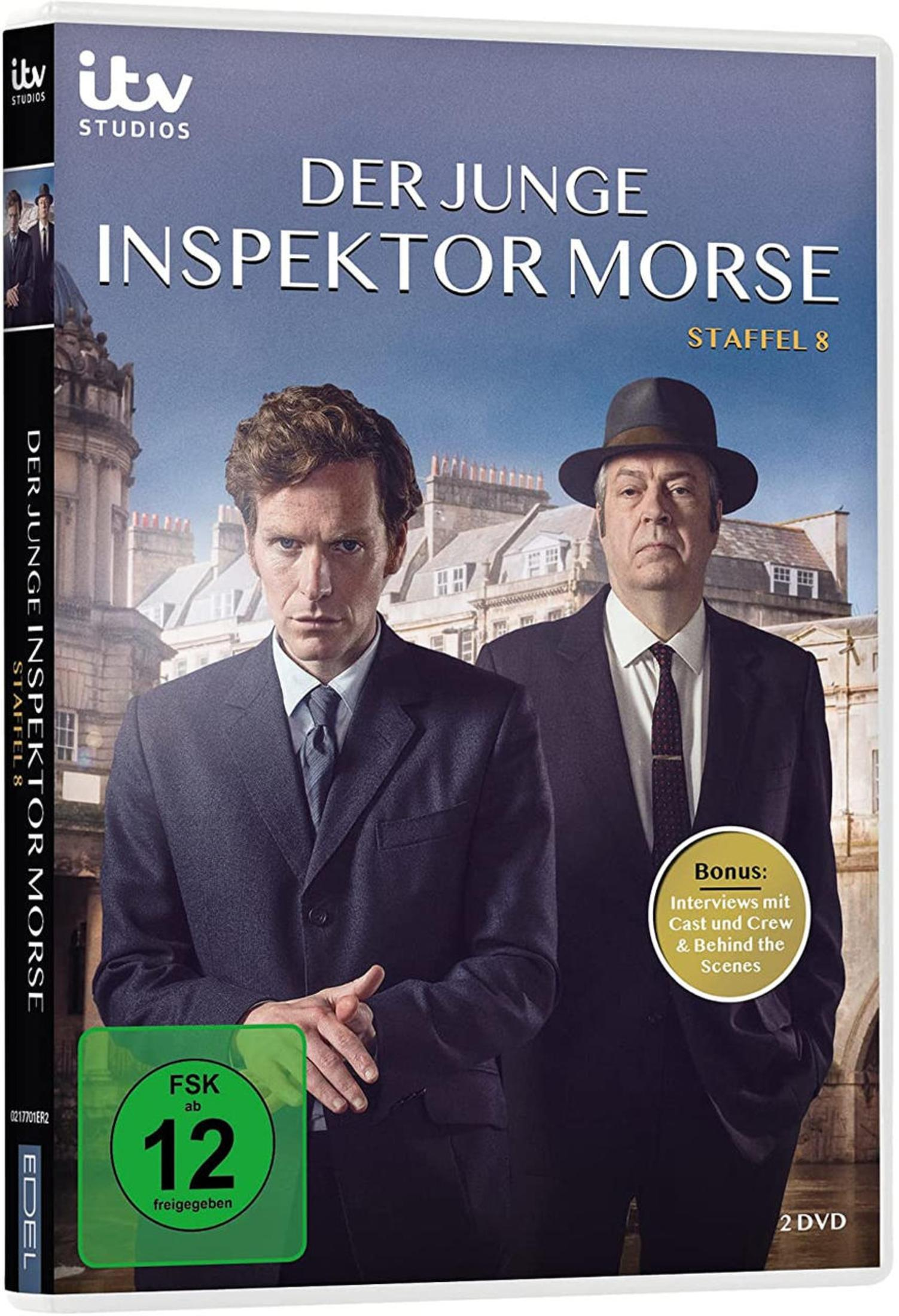 DVD-Cover von Der junge Inspector Morse, Staffel 8, mit zwei Männern in Anzügen vor historischer Kulisse.