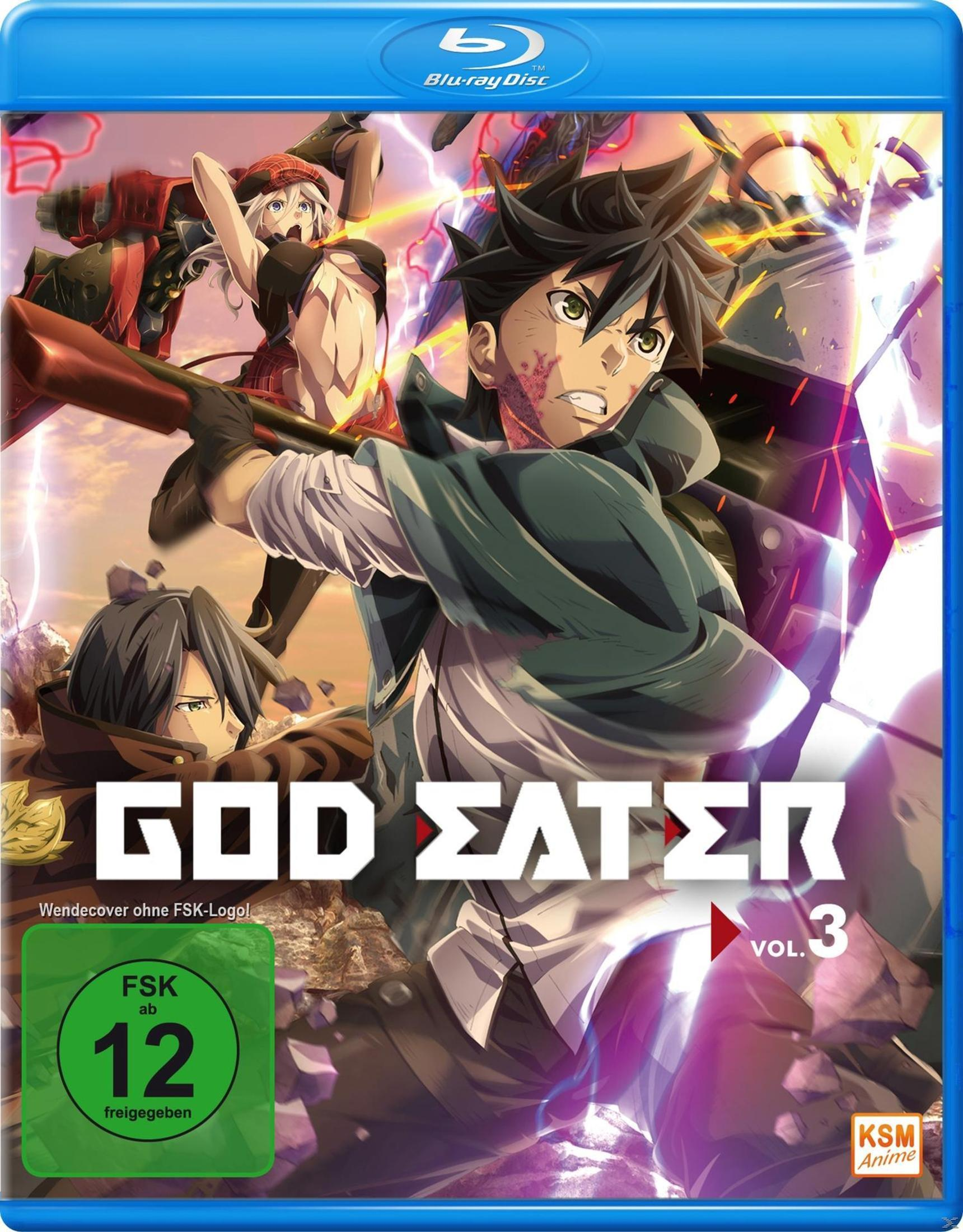 Blu-ray-Cover-Art mit Anime-Charakteren und dem Titel "GOD EATER" und "VOL. 3".