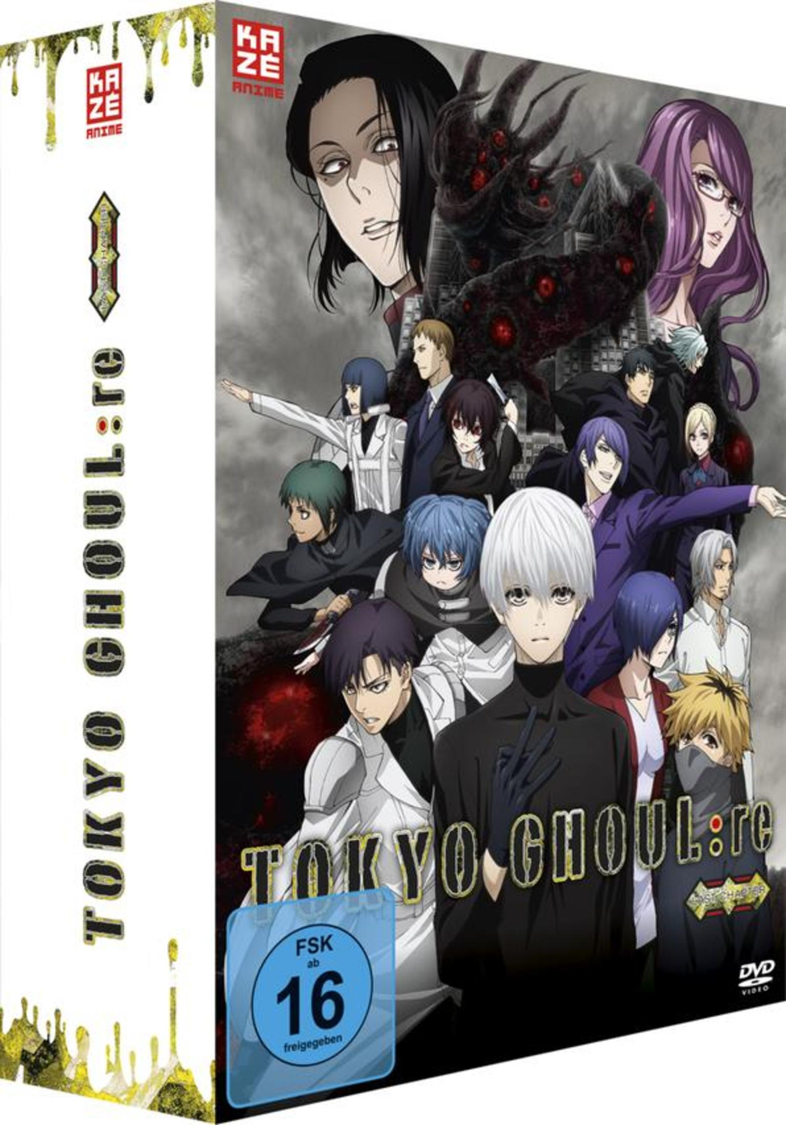 DVD-Cover von Tokyo Ghoul:re mit verschiedenen Anime-Charakteren im Vordergrund und einer dunklen Kreatur im Hintergrund.