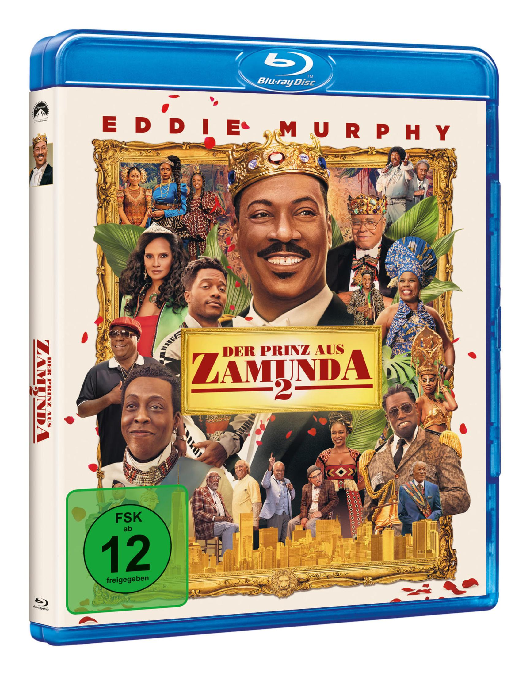 Blu-ray-Hülle von Der Prinz aus Zamunda 2 mit Eddie Murphy und Cast im goldenen Rahmen vor weißem Hintergrund.