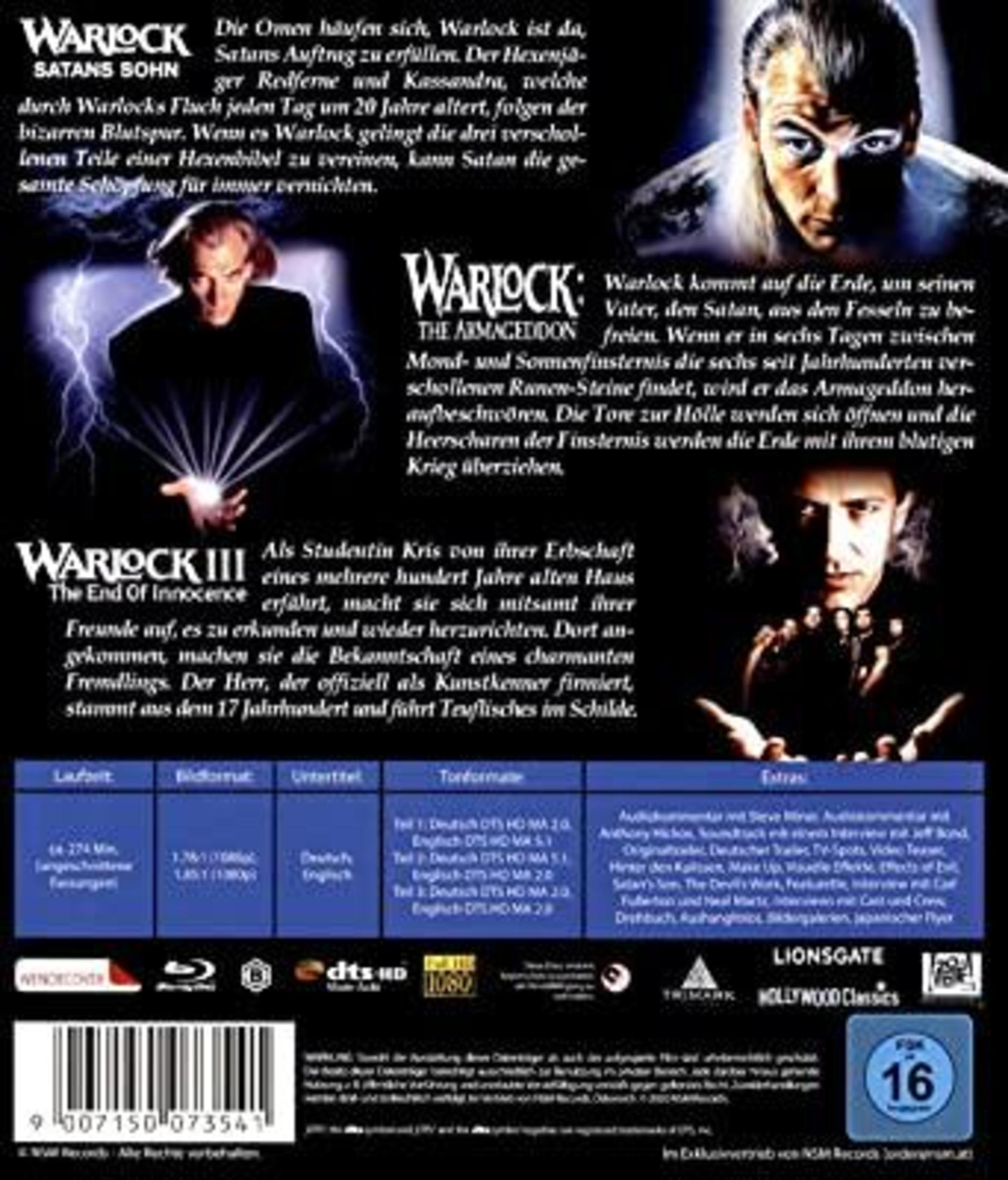 DVD-Rückseite des Films Warlock mit Bildern, Texten und technischen Details auf blauem Hintergrund.