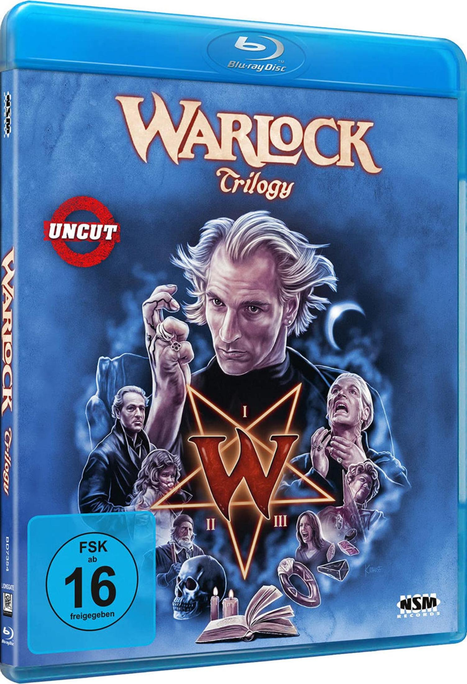 Warlock Trilogy Blu-ray-Cover mit dem Hauptcharakter, Pentagramm, Schädel und verschiedenen Filmszenen.