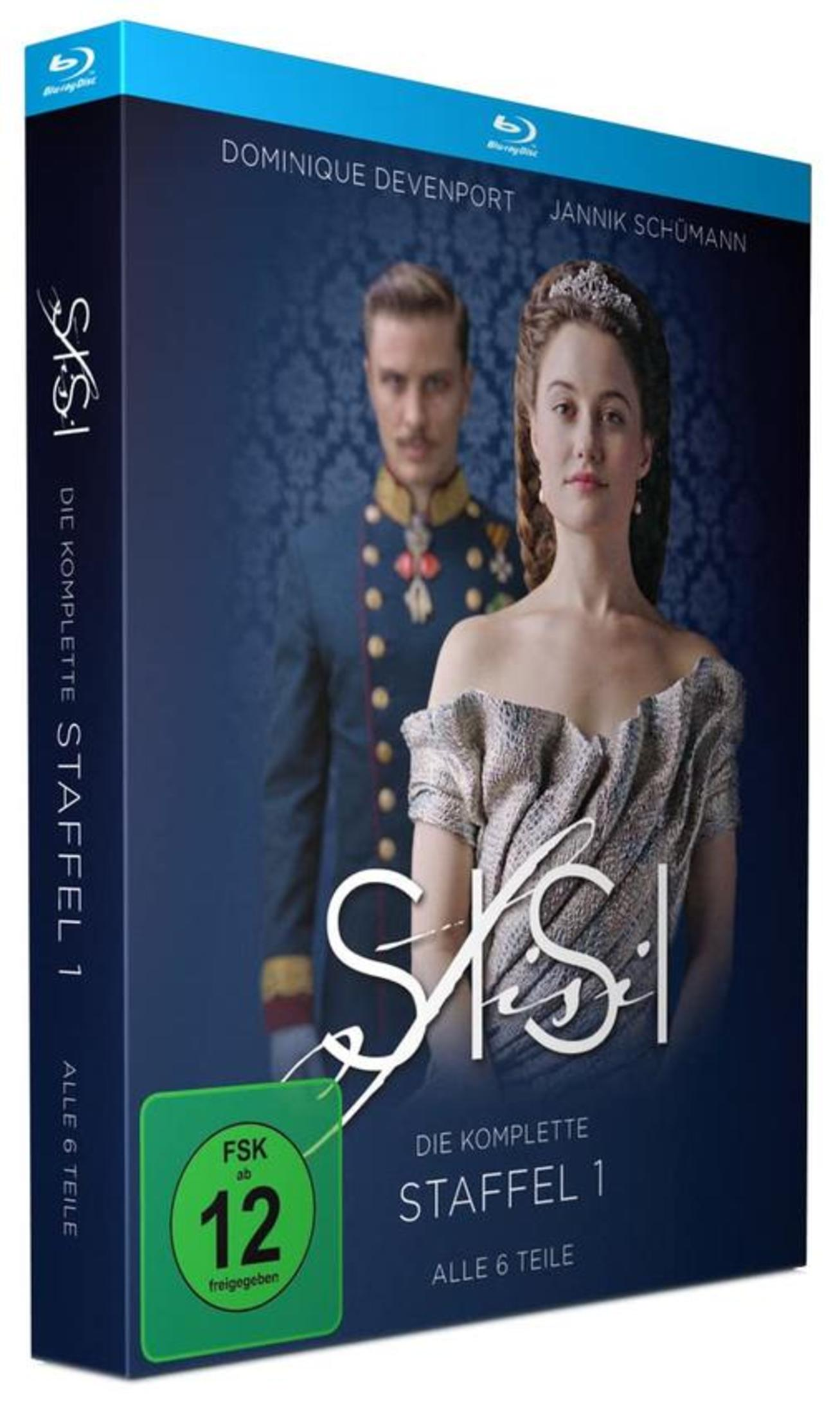 Blu-ray Cover der Serie Sisi Staffel 1 mit Dominique Devenport und Jannik Schümann vor blauem Hintergrund.