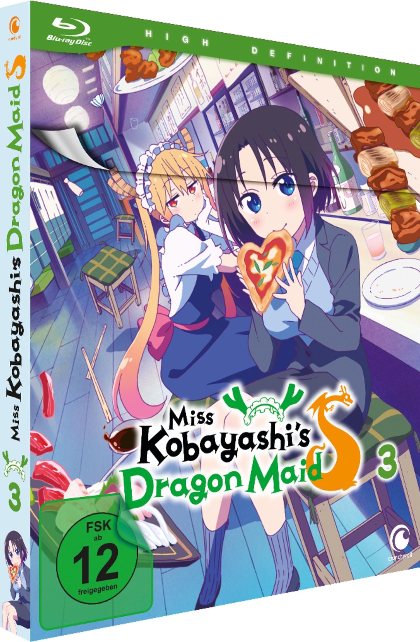 Miss Kobayashis Dragon Maid DVD. Anime-Charaktere und eine Restaurantkulisse. Weißer Hintergrund.
