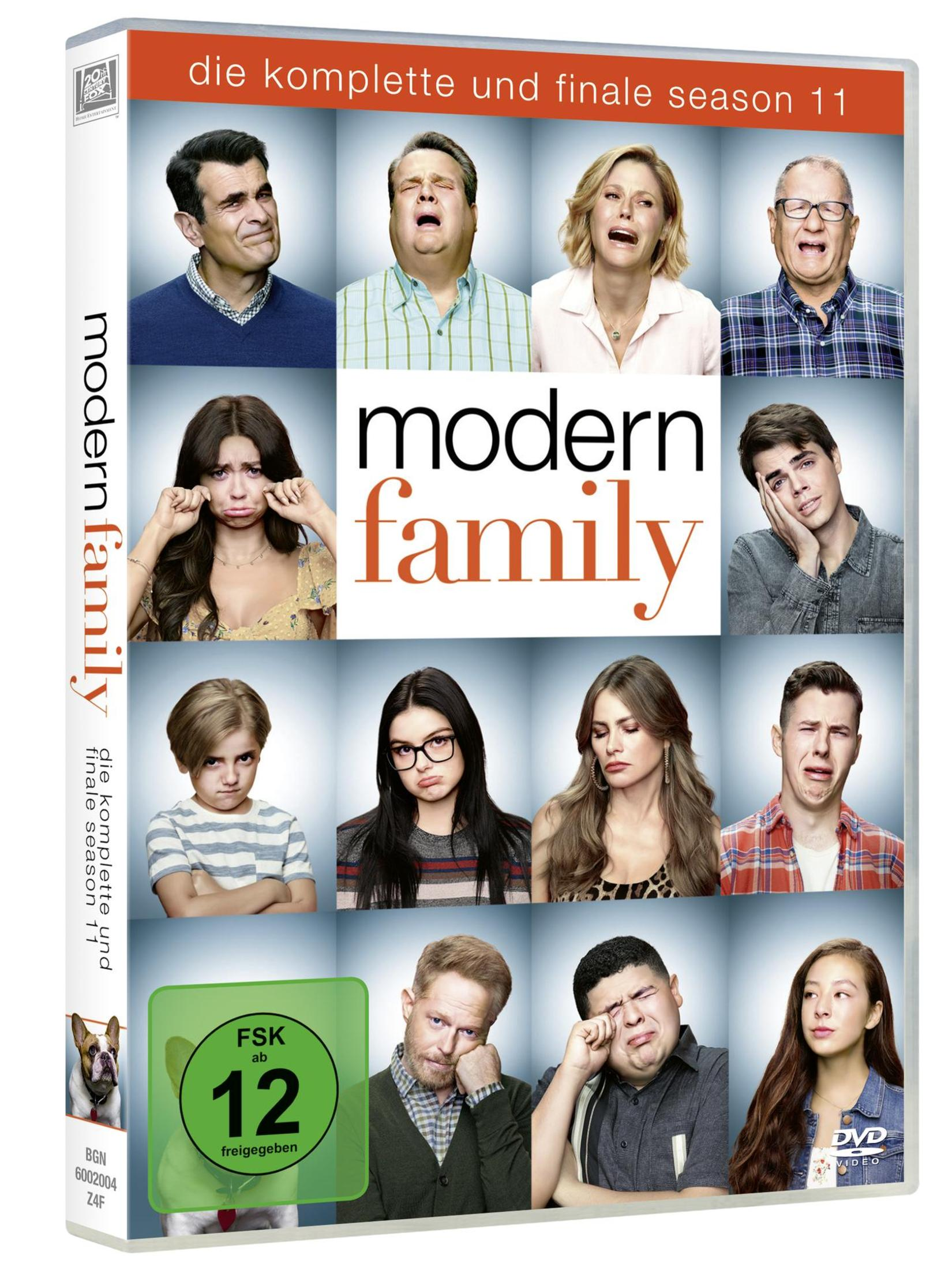 DVD-Cover von Modern Family, finale Staffel 11, mit Charakteren, die weinen oder traurig schauen.