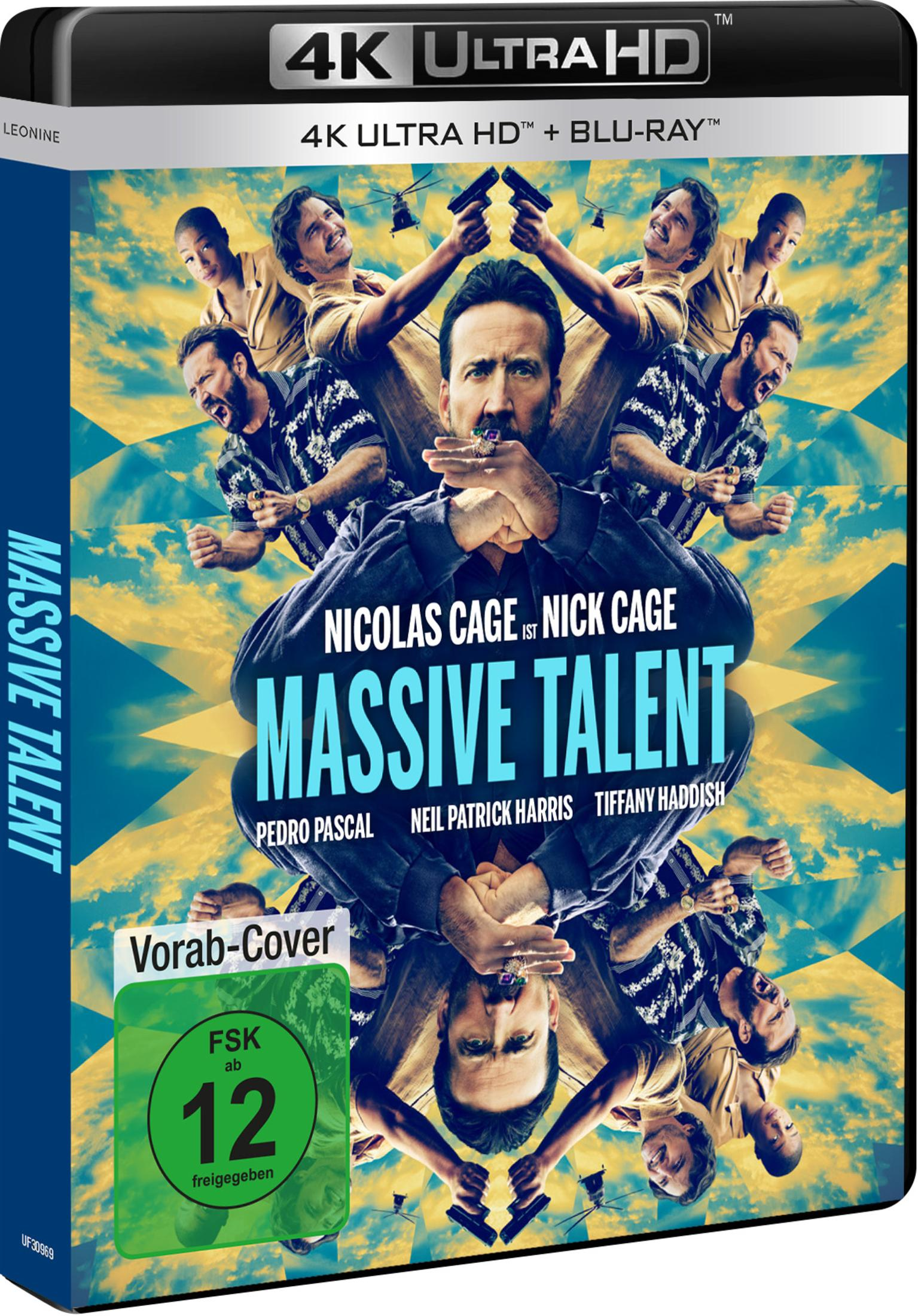 Blu-Ray-Cover des Films Massive Talent mit Nicolas Cage in multiplen Posen vor blauem Himmel.