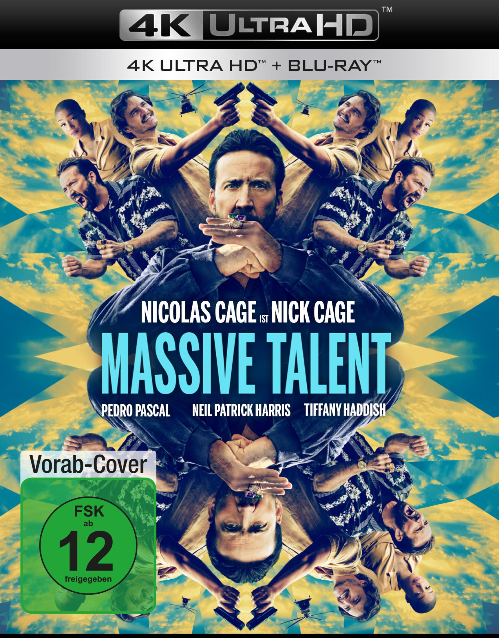 Filmposter für Massive Talent mit Nicolas Cage in einer kaleidoskopischen Collage vor blauem Himmel.
