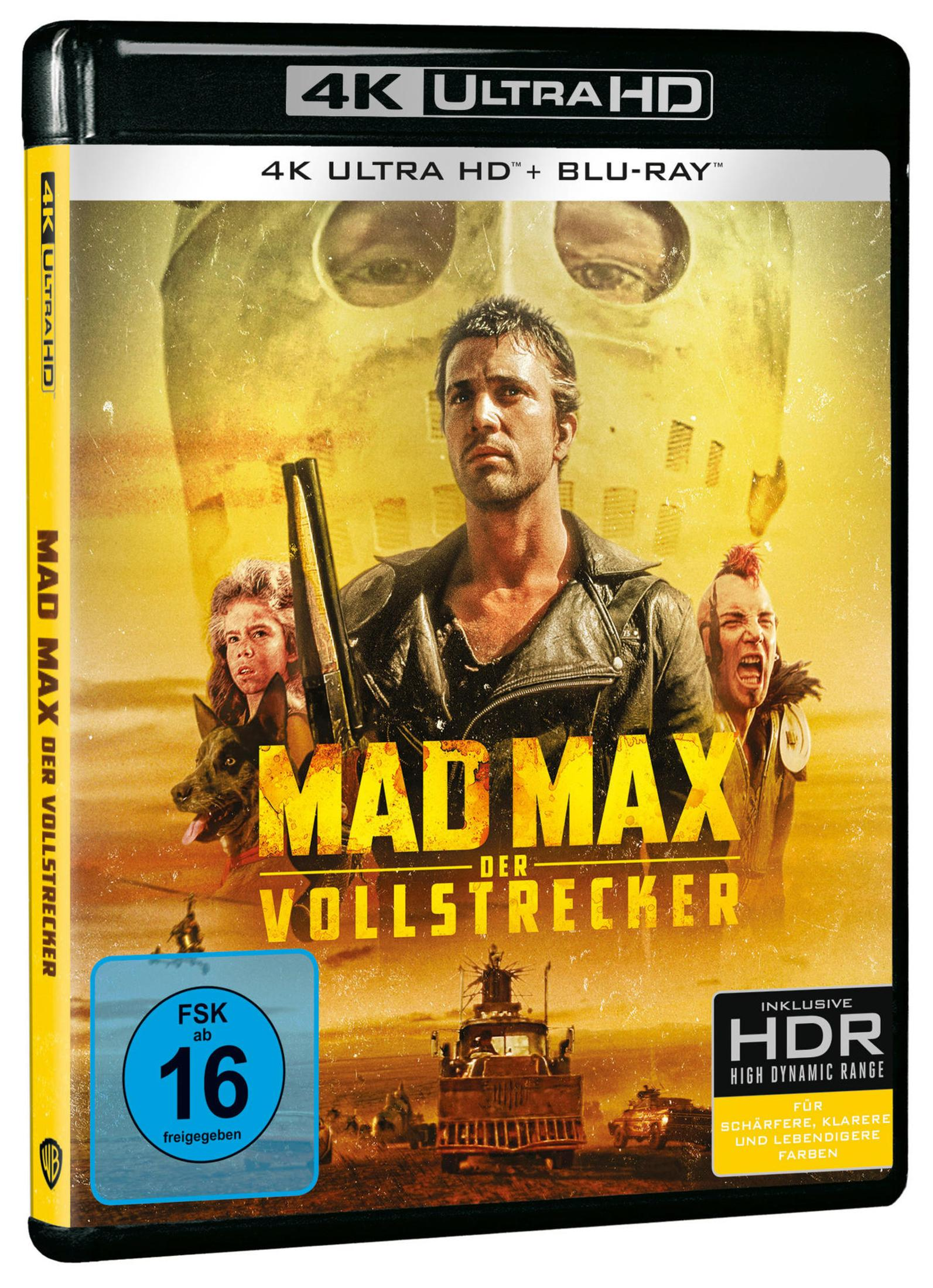 Mad Max 4K Ultra HD Blu-ray Cover mit Mel Gibson und Charakteren in der Wüste.