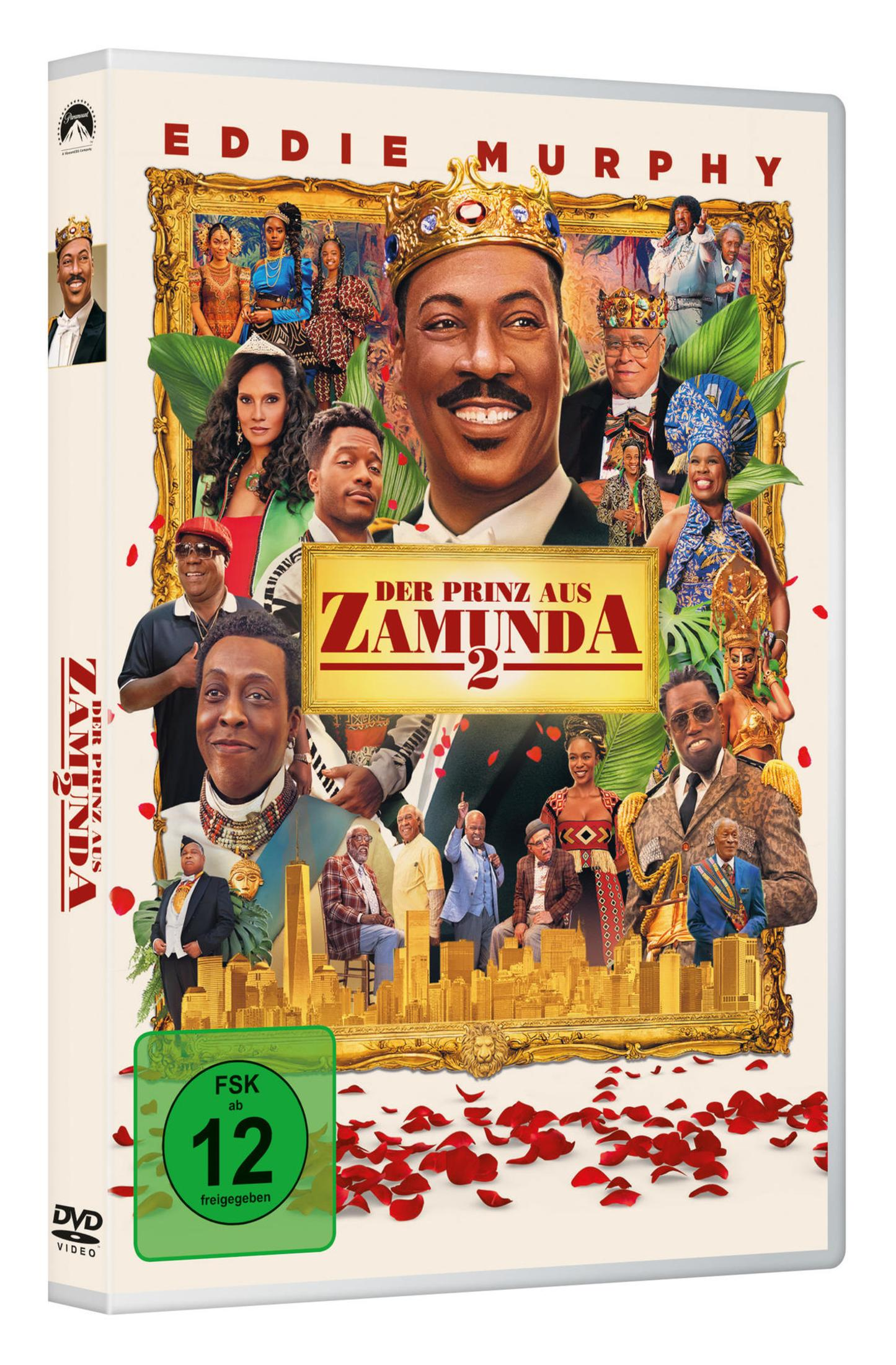 DVD-Cover von Der Prinz aus Zamunda 2 mit Eddie Murphy und dem Cast im goldenen Rahmen.