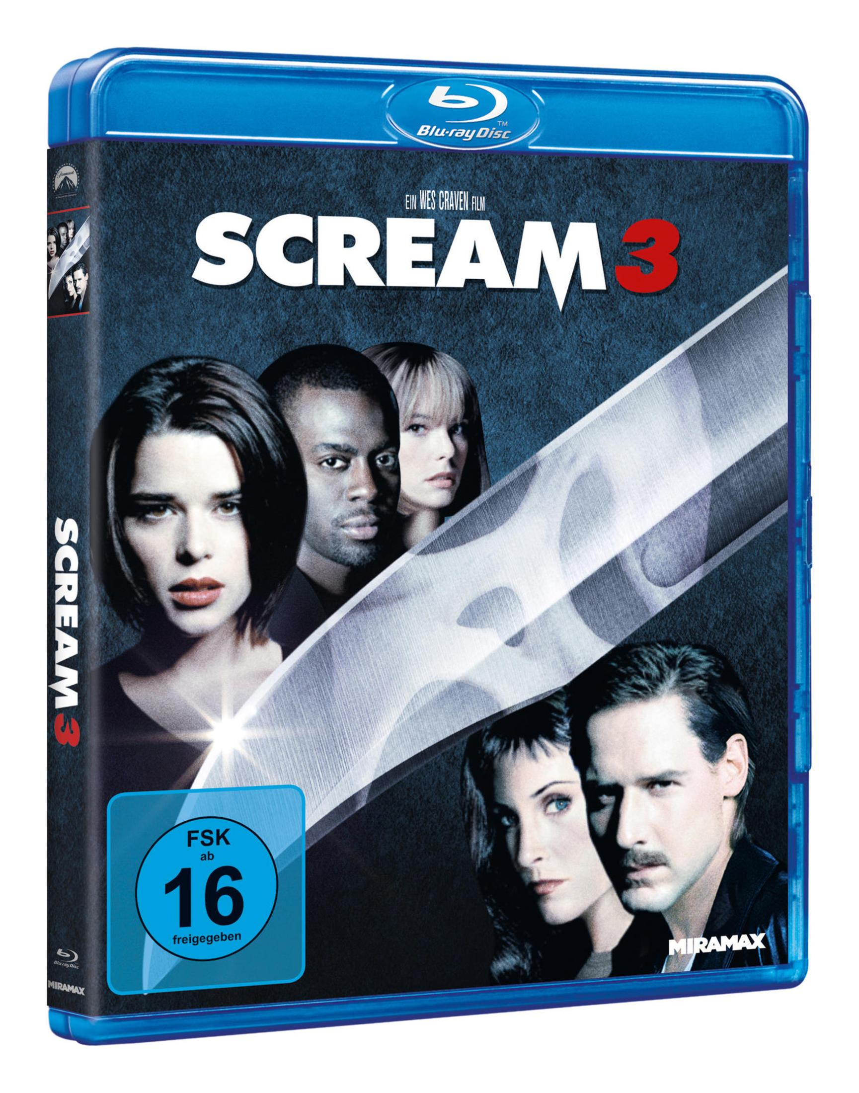 Blu-ray-Hülle des Films Scream 3 mit fünf Darstellern und einem großen silbernen Messer im Vordergrund.