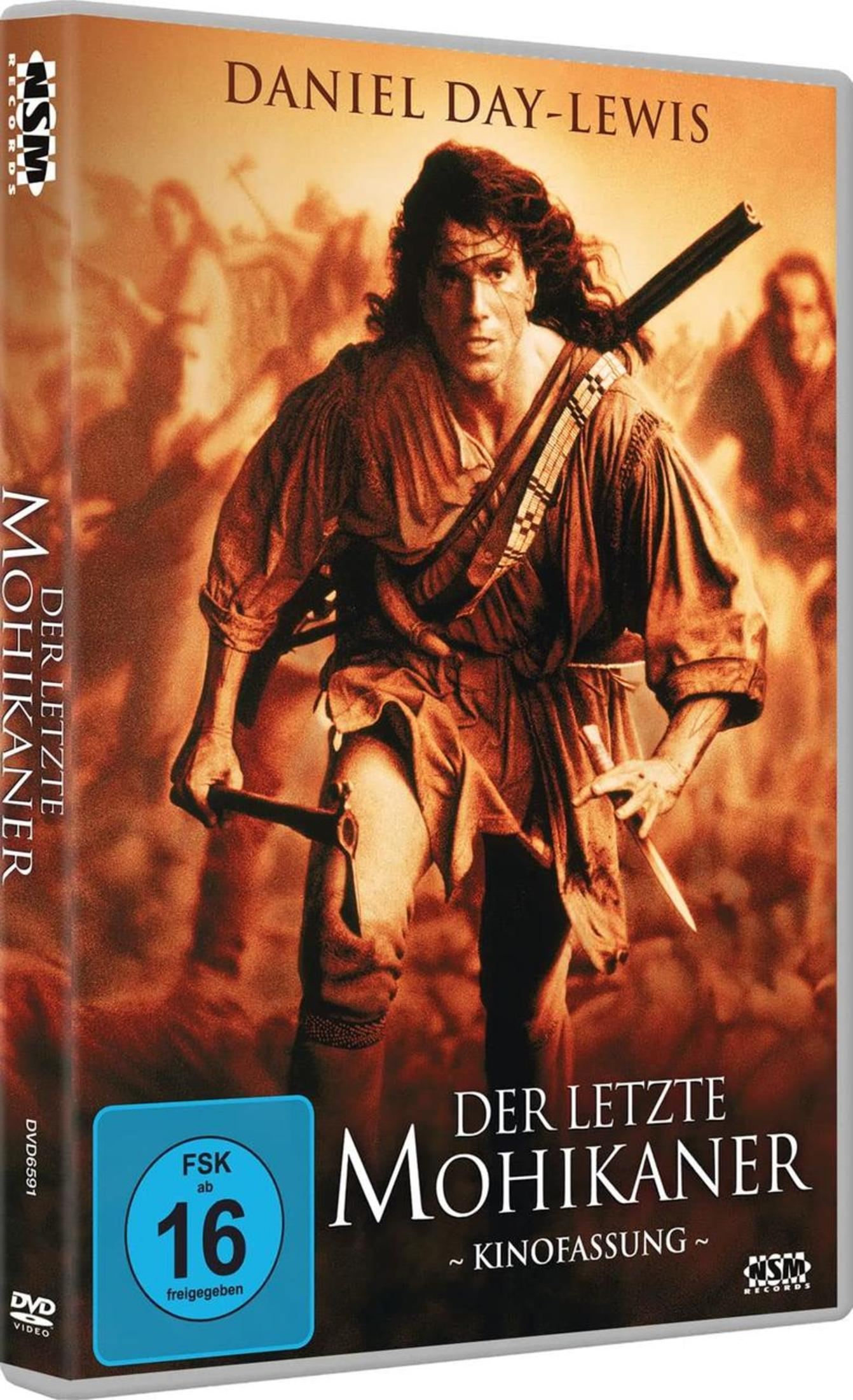DVD-Cover von Der Letzte Mohikaner mit Daniel Day-Lewis in historischer Kleidung, der ein Gewehr und eine Axt hält.