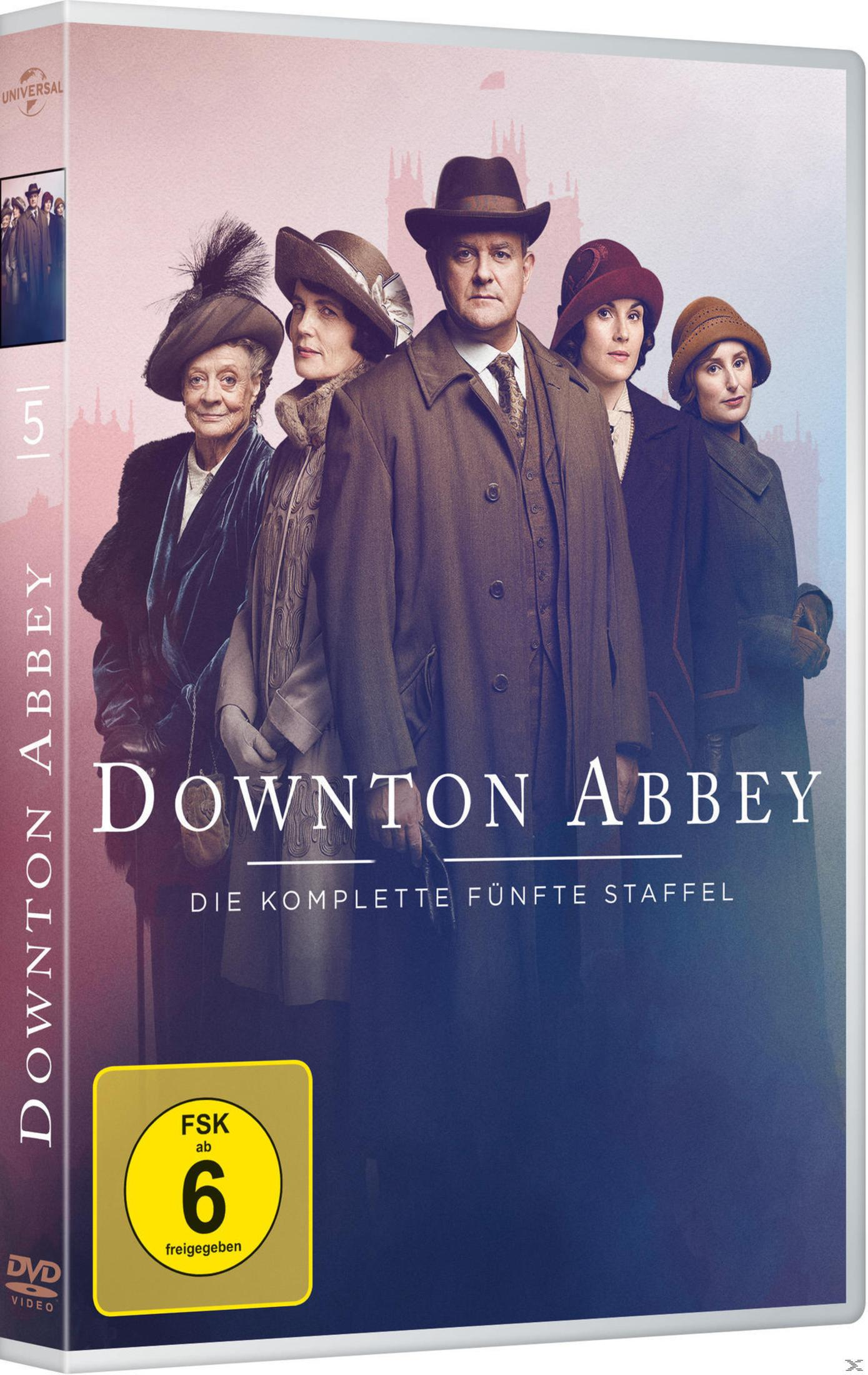 DVD-Hülle der 5. Staffel von Downton Abbey mit fünf Hauptfiguren in historischer Kleidung.