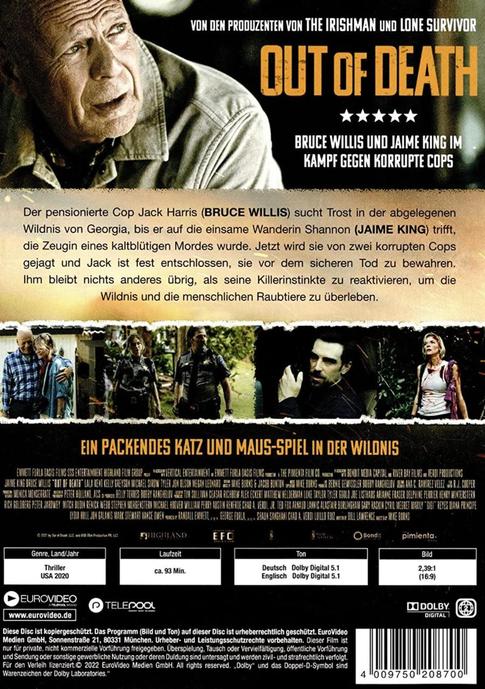 DVD-Cover des Thrillers 'Out of Death' mit Bruce Willis und Jaime King, Text in deutscher Sprache.
