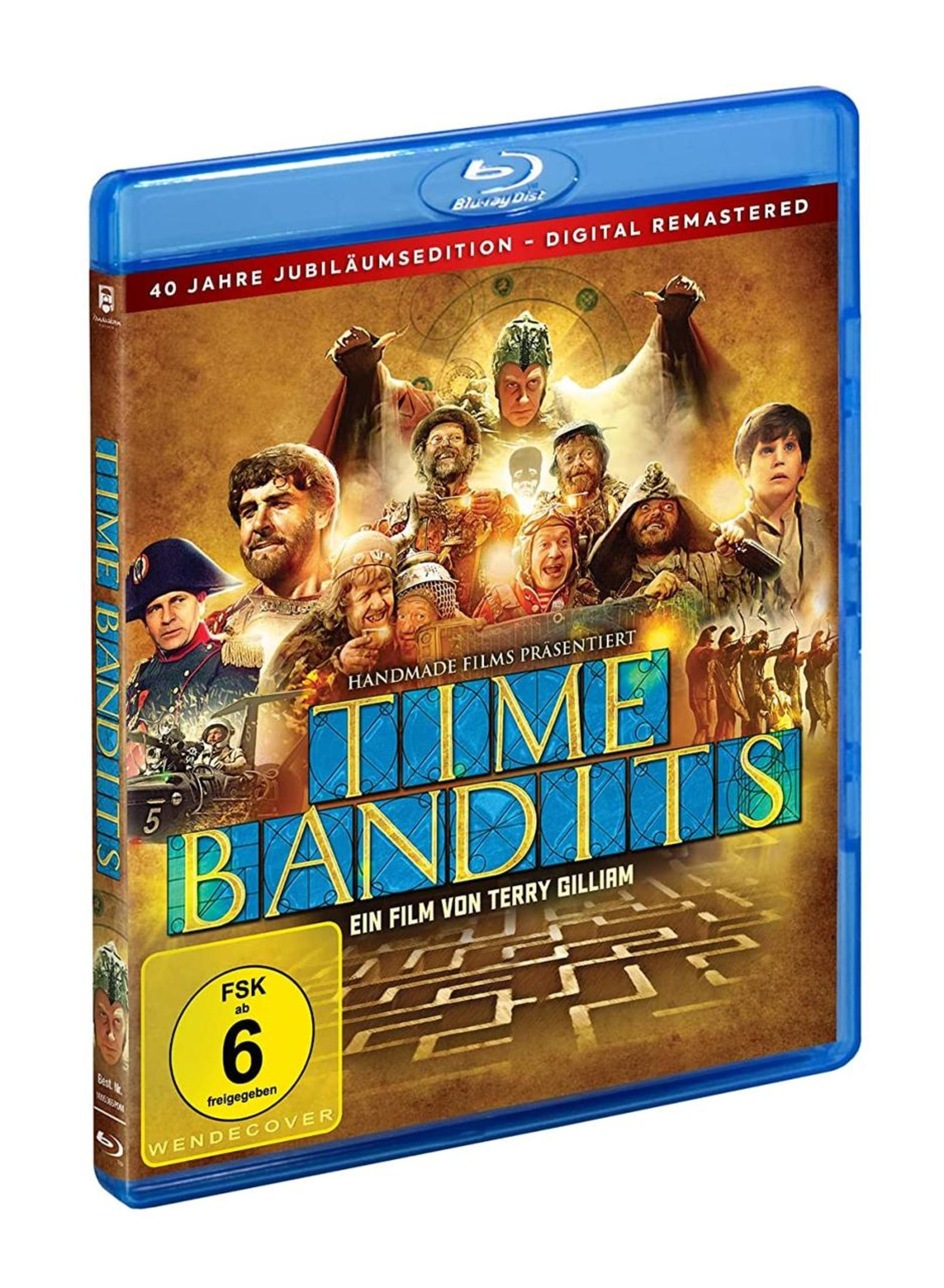 Blu-ray-Hülle des Films Time Bandits mit verschiedenen Figuren und dem blauen Filmtitel auf gelbem Hintergrund.