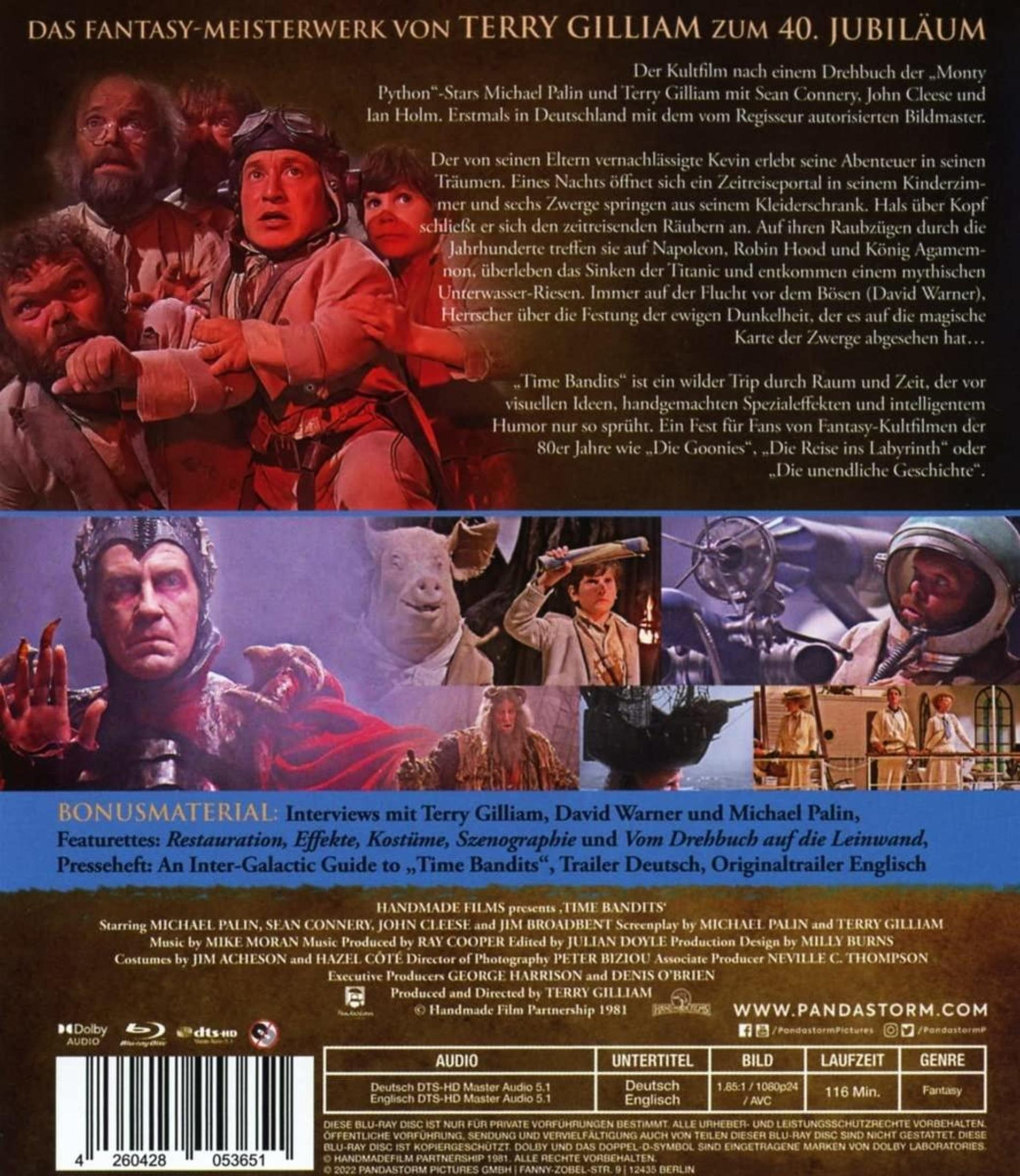 Filmcover von Time Bandits mit Schauspielerporträts, Szenenbildern, deutscher Beschreibung und technischen Details.