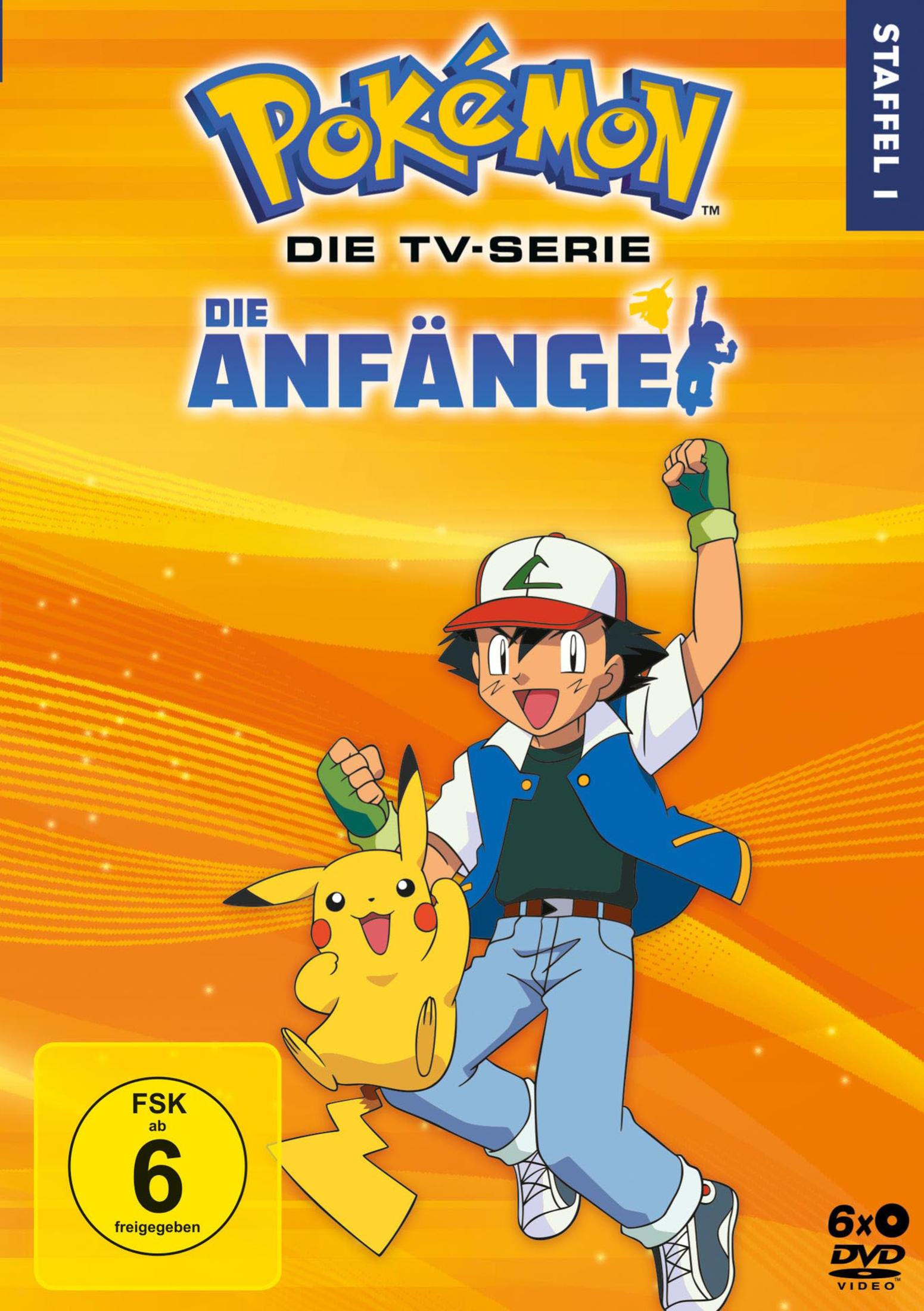 Ash und Pikachu jubeln vor orangefarbenem Hintergrund. Pokèmon-Logo oben.