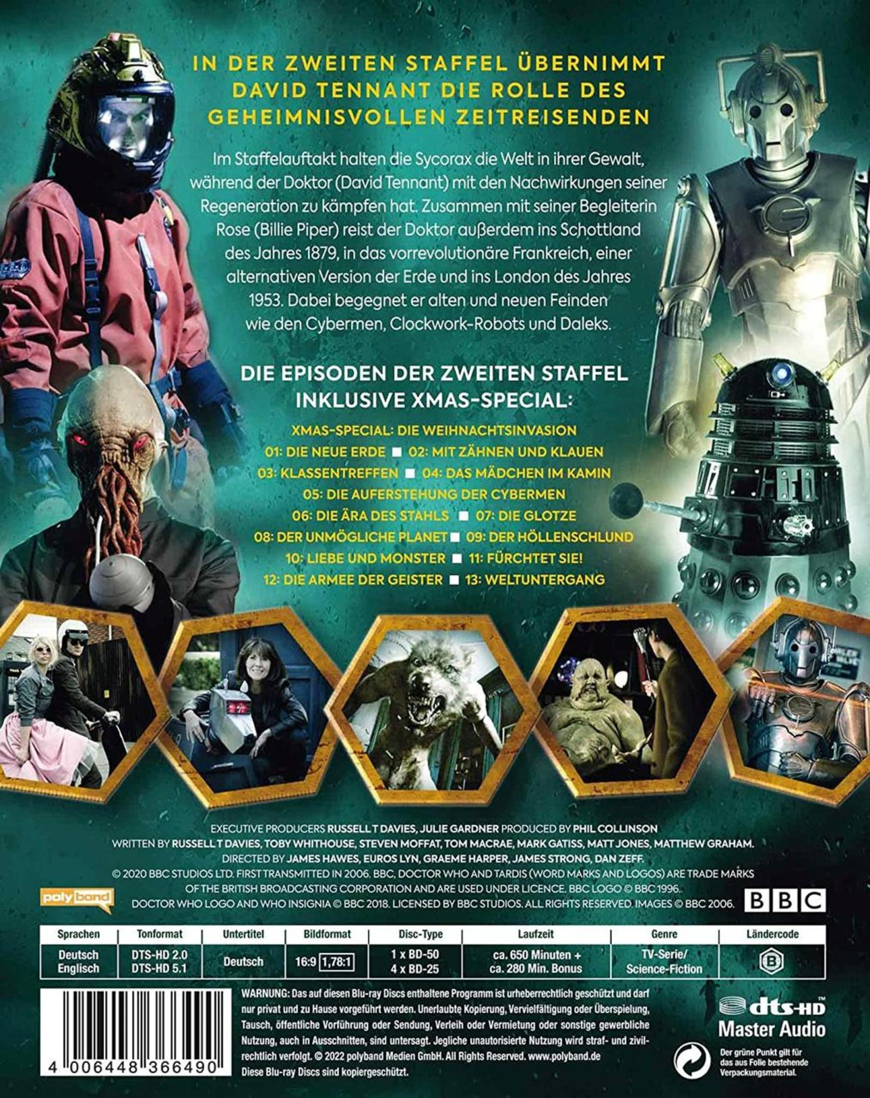 DVD-Cover von Doctor Who Staffel 2 mit Charakteren wie Cyberman, Dalek und Text auf der Rückseite.