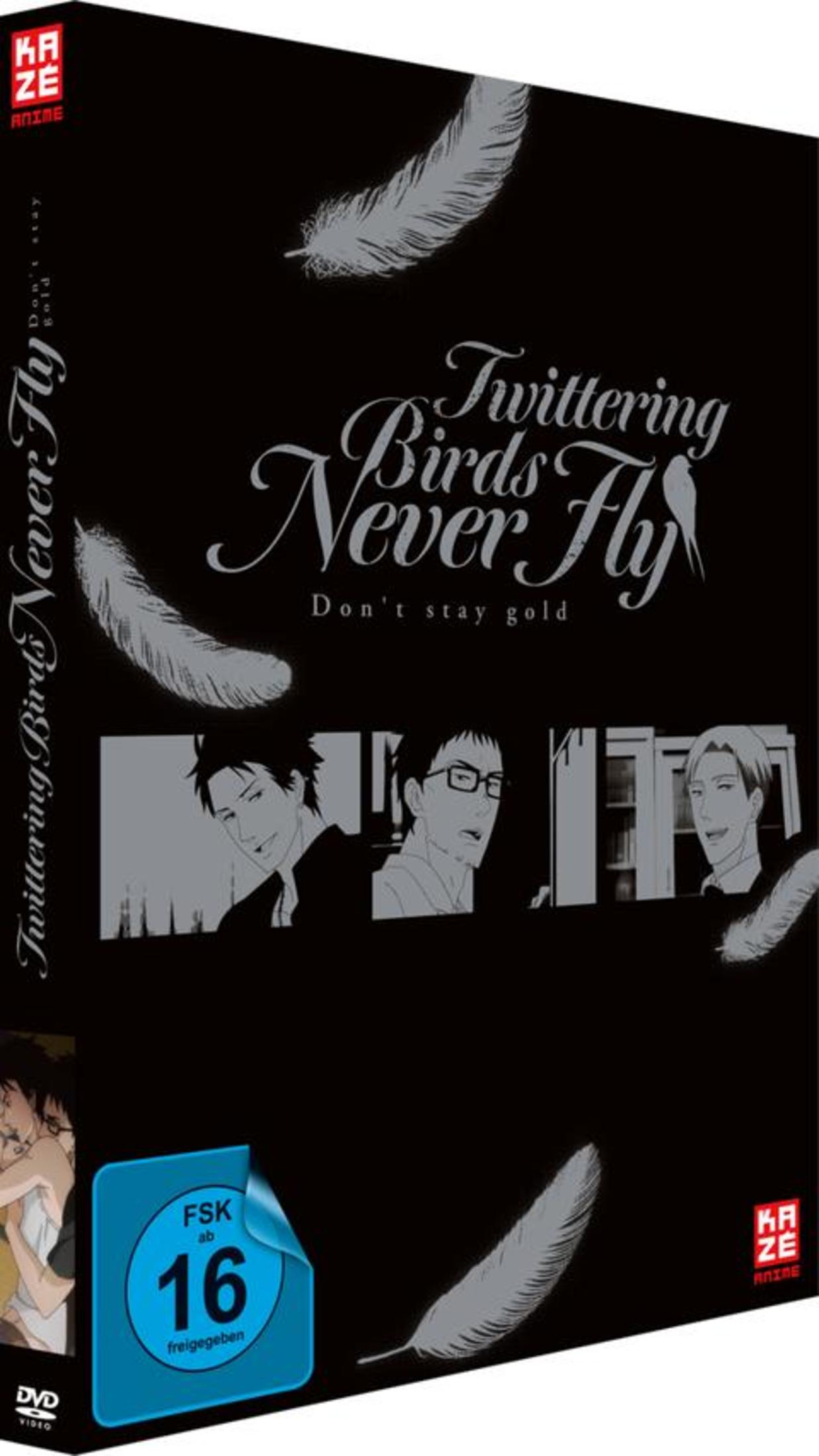DVD-Cover von Twittering Birds Never Fly mit schwarzen Hintergrund, weißen Federn und drei Anime-Figuren.