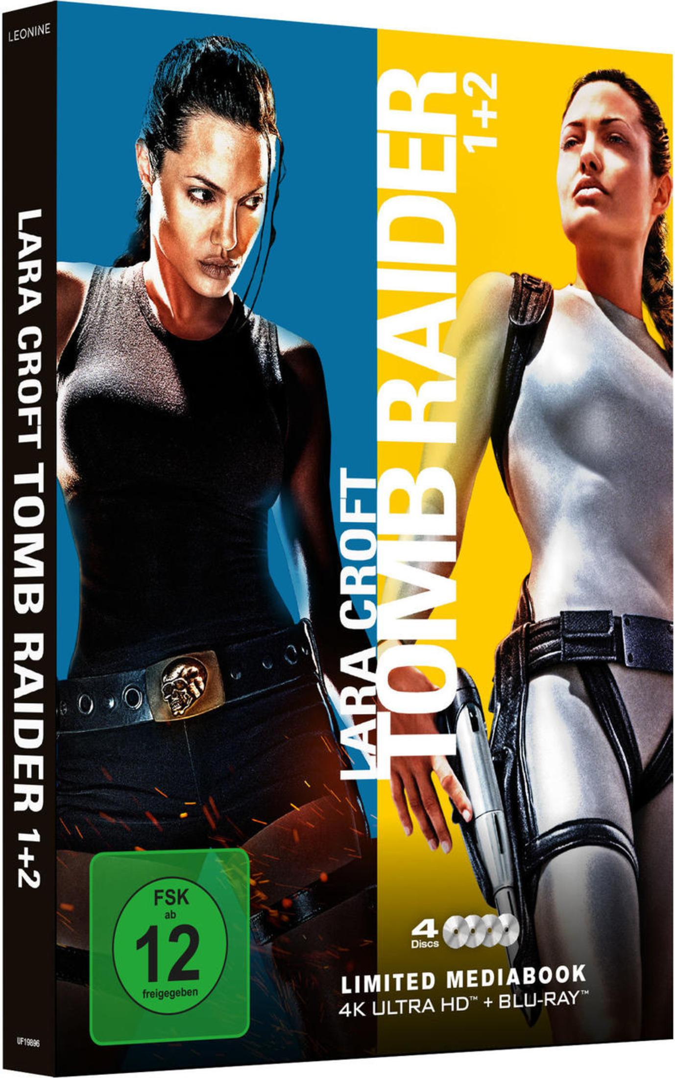 Blu-ray Mediabook Cover von Lara Croft Tomb Raider 1+2 mit Angelina Jolie vor blauem und gelbem Hintergrund.