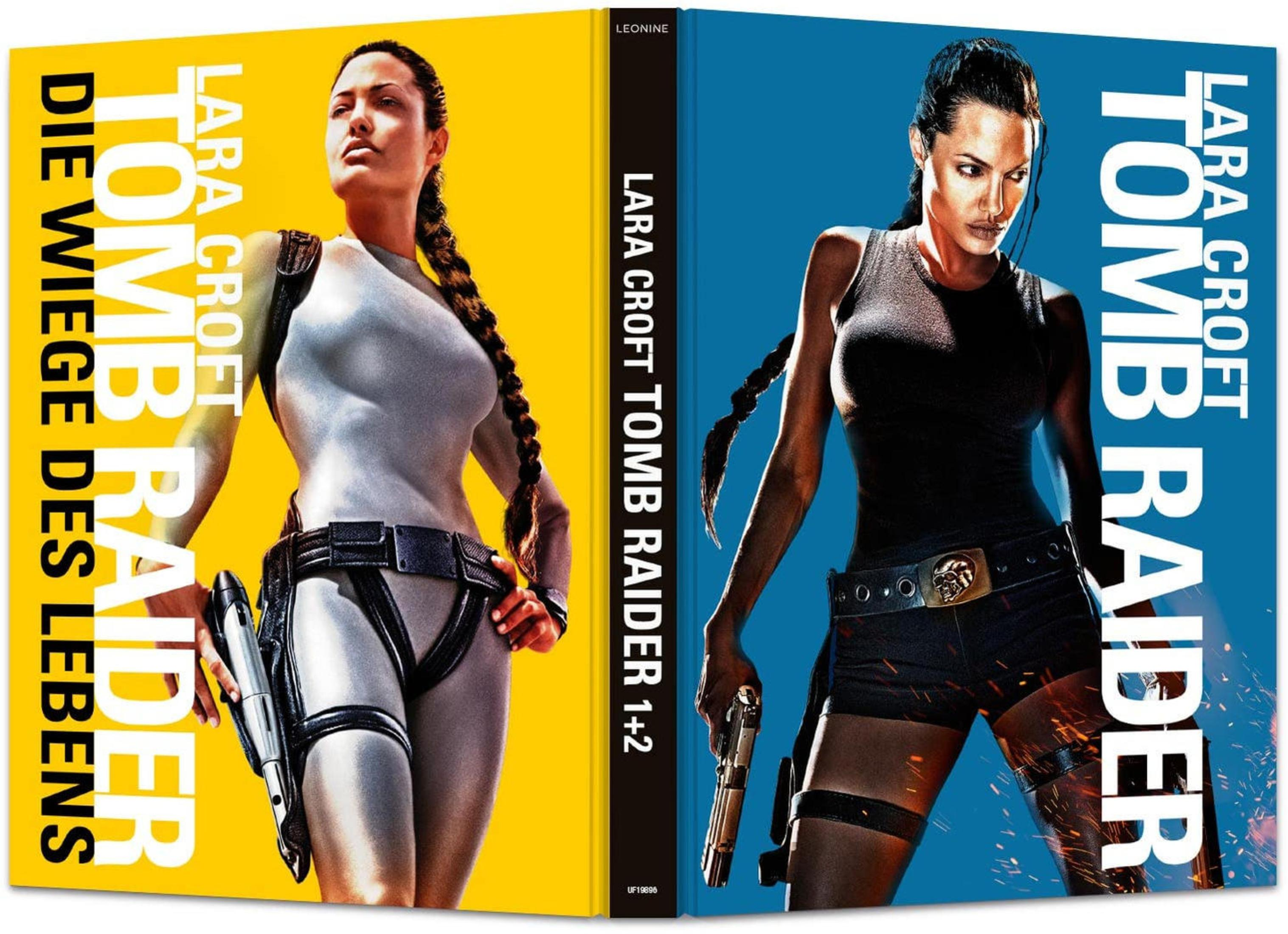 DVD-Cover von Lara Croft Tomb Raider 1 und 2 mit Angelina Jolie auf gelbem und blauem Hintergrund.