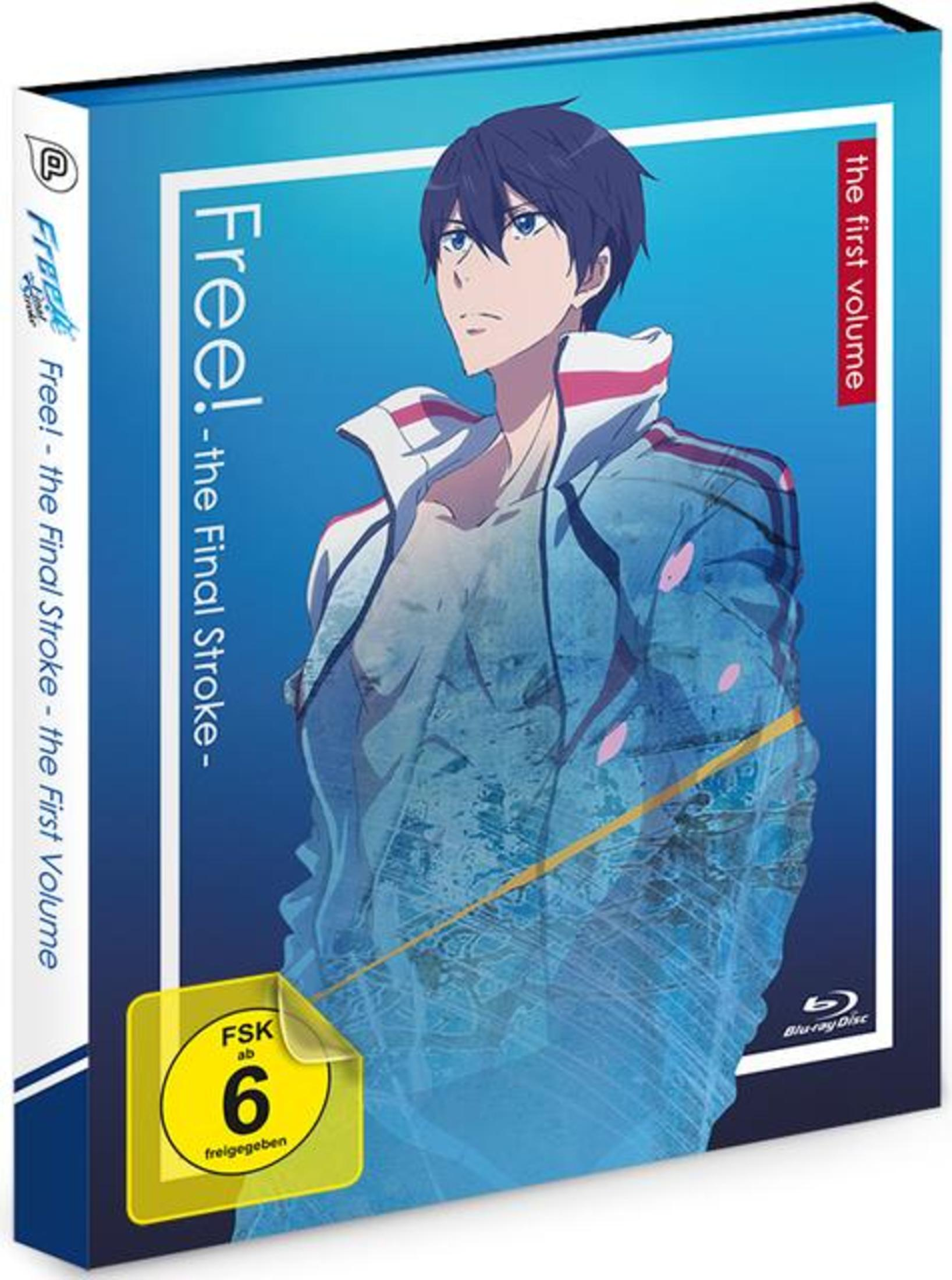 Blaue Blu-ray-Hülle des Anime Free! The Final Stroke mit einem jungen Mann in einer blauen Jacke vor blauem Hintergrund.