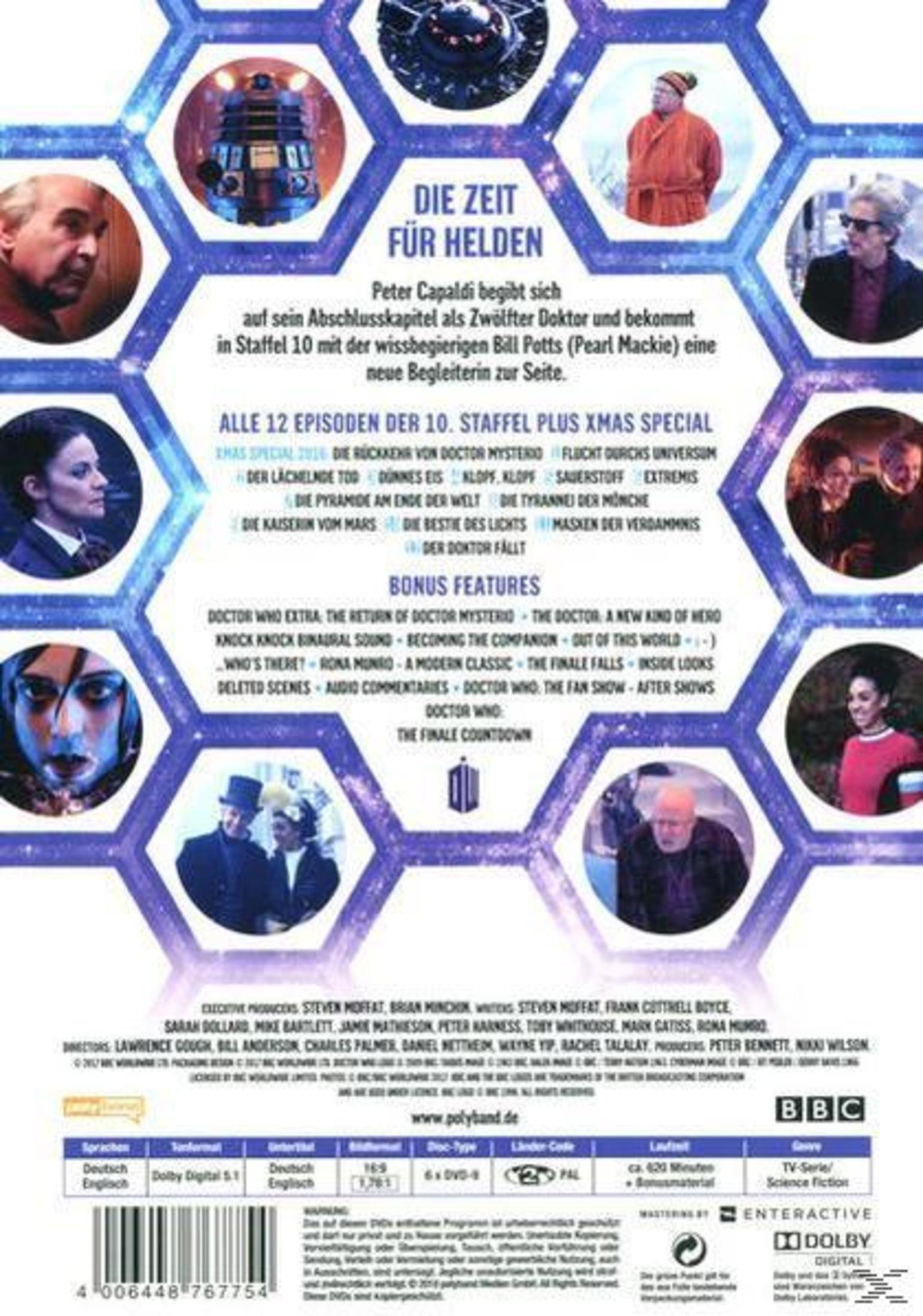 Die Rückseite der Doctor Who DVD mit mehreren Bildern und Text, der den Inhalt der DVD beschreibt.