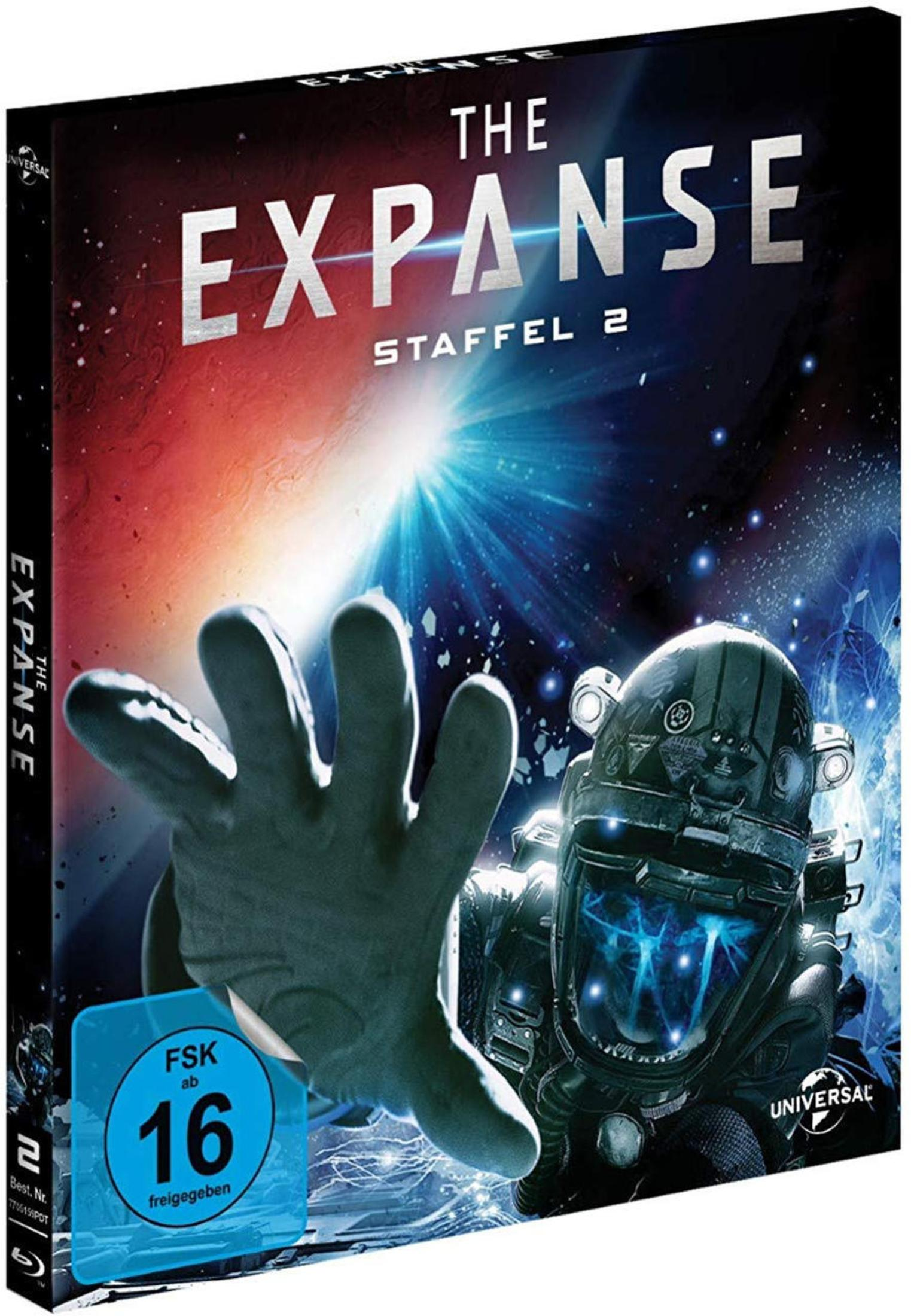 Blu-ray-Hülle von The Expanse Staffel 2 mit einem Astronauten im Vordergrund vor einem farbigen Weltraumhintergrund.