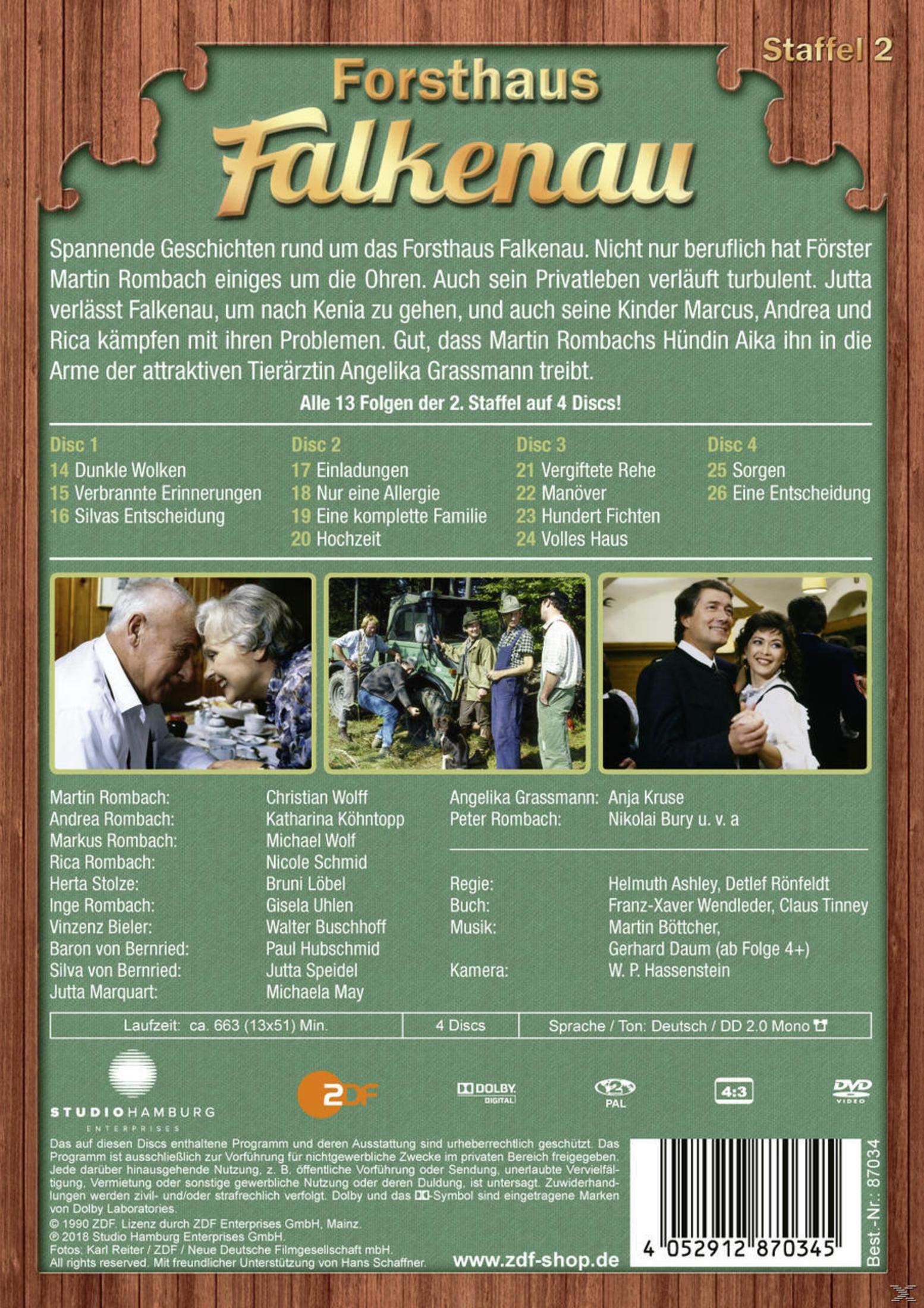 DVD-Rückseite der Serie Forsthaus Falkenau, Staffel 2, mit Beschreibung, Episodenliste, Fotos und Credits.