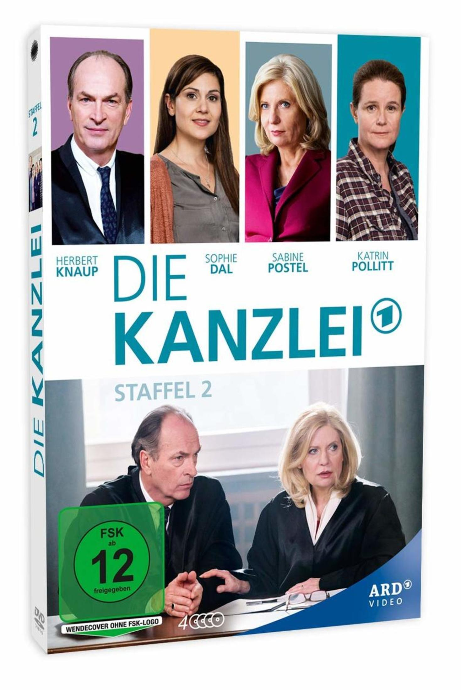 DVD-Cover von 'Die Kanzlei' Staffel 2 mit vier Hauptdarstellern oben und zwei im Gerichtssaal unten.