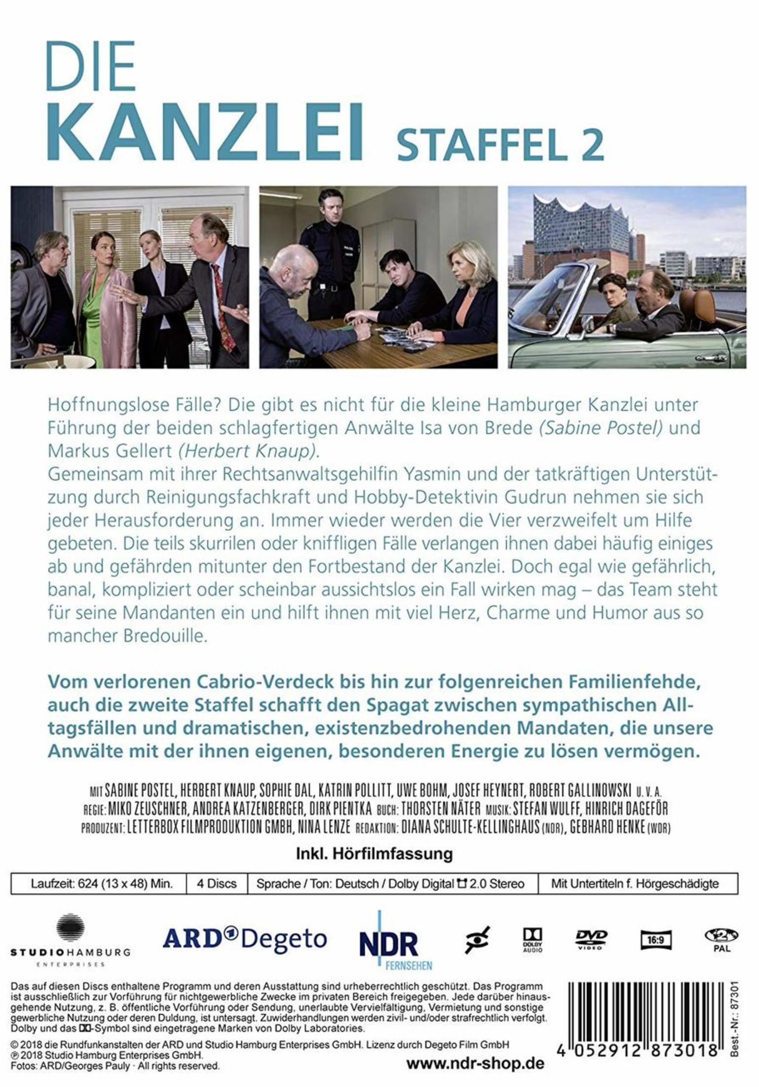 DVD-Rückseite der Serie 'Die Kanzlei Staffel 2' mit Szenenbildern, Beschreibung, Stab und technischen Daten.