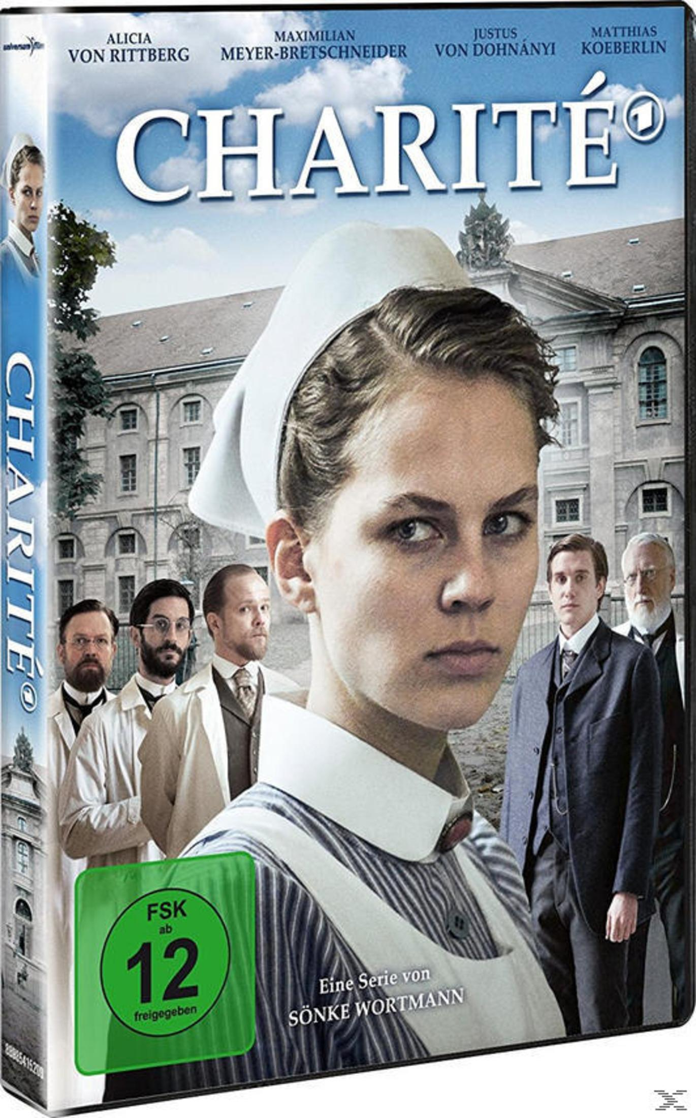 DVD-Cover der Serie Charité mit einer Krankenschwester im Vordergrund und Ärzten vor einem alten Gebäude.