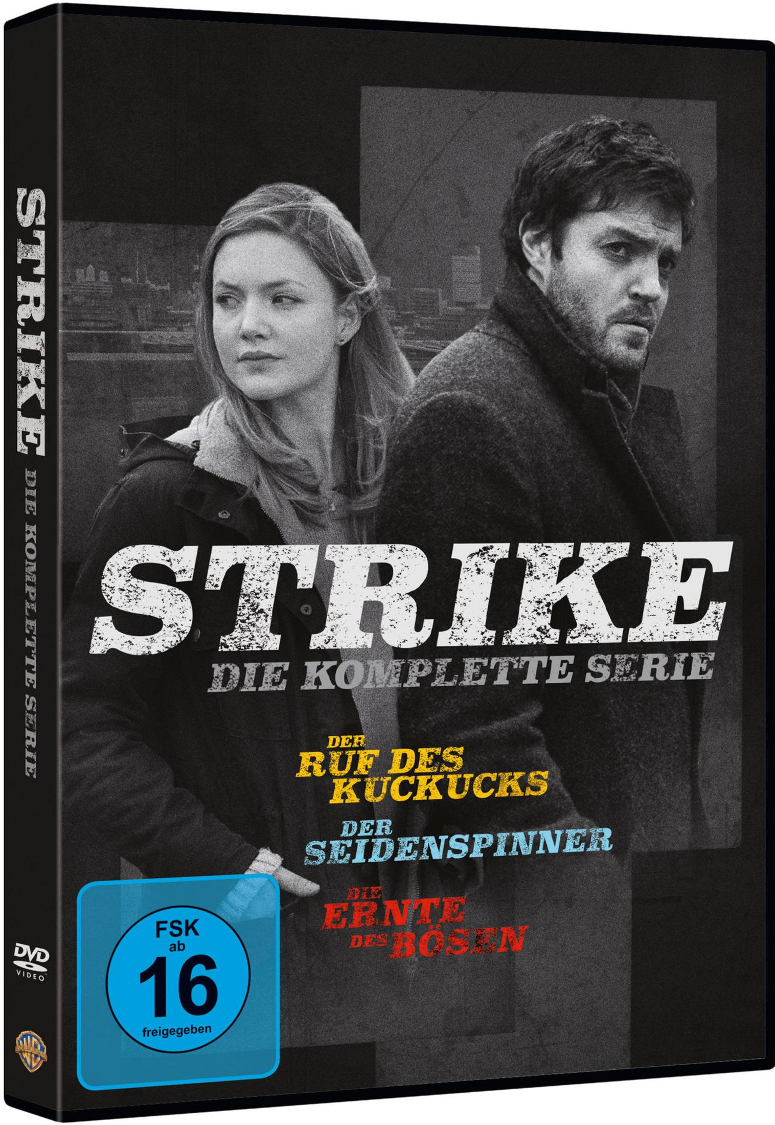 DVD-Cover von Strike - Die komplette Serie mit einem Mann und einer Frau vor städtischem Hintergrund.