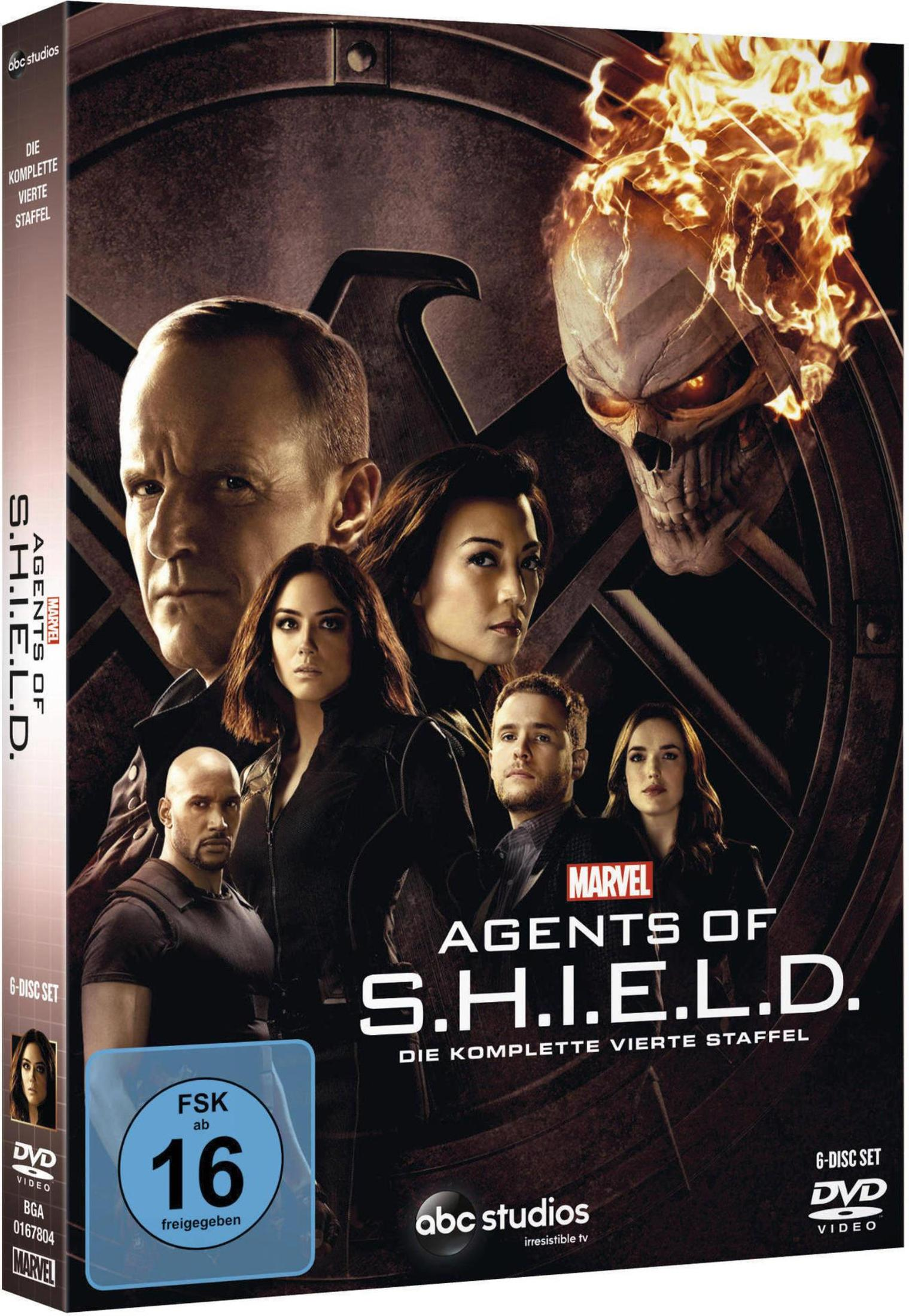 DVD-Cover von Agents of S.H.I.E.L.D. Staffel 4 mit Charakteren und einem brennenden Totenkopf.