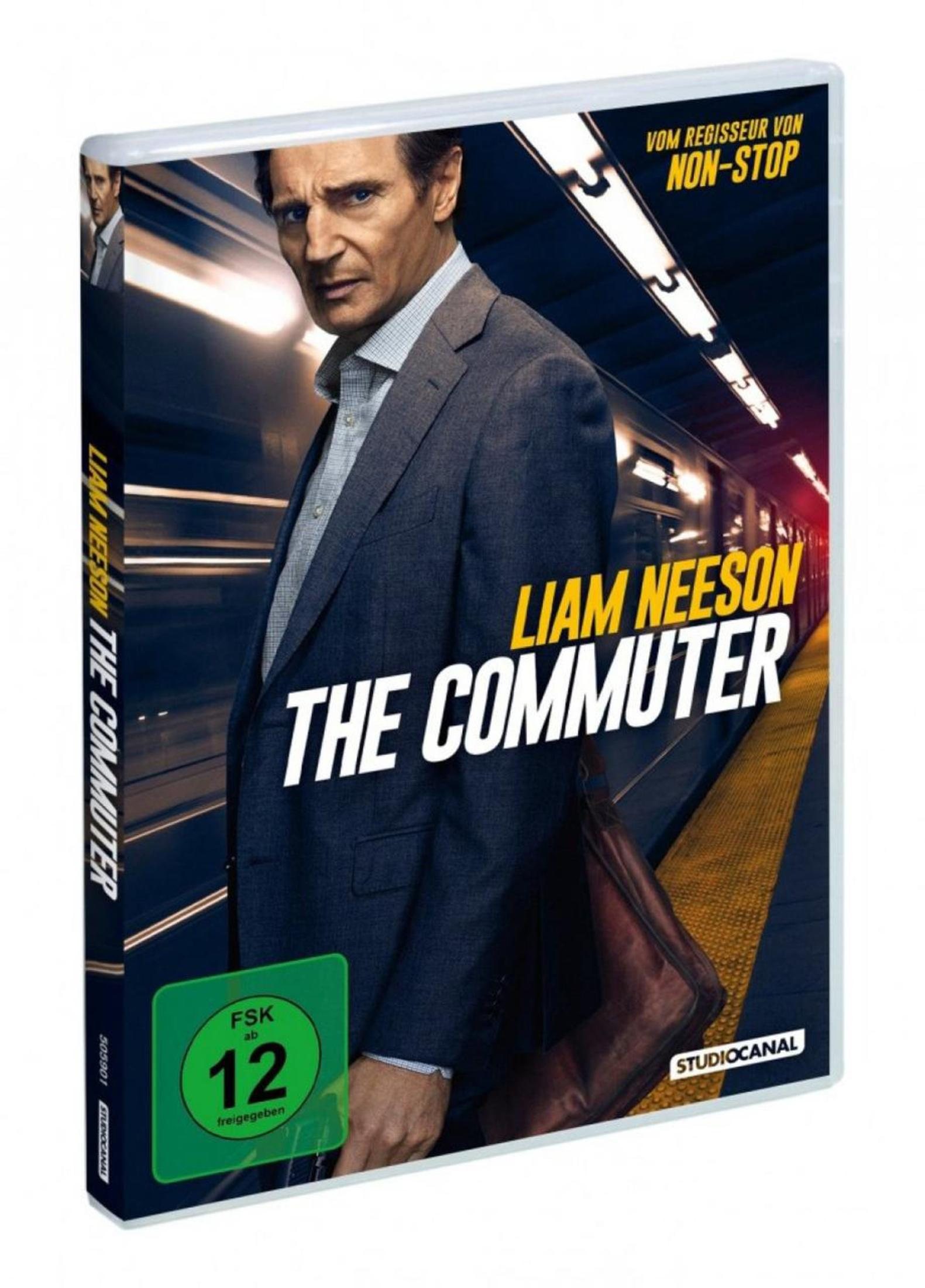 DVD-Hülle von The Commuter mit Liam Neeson im Anzug auf einem U-Bahn-Bahnsteig.