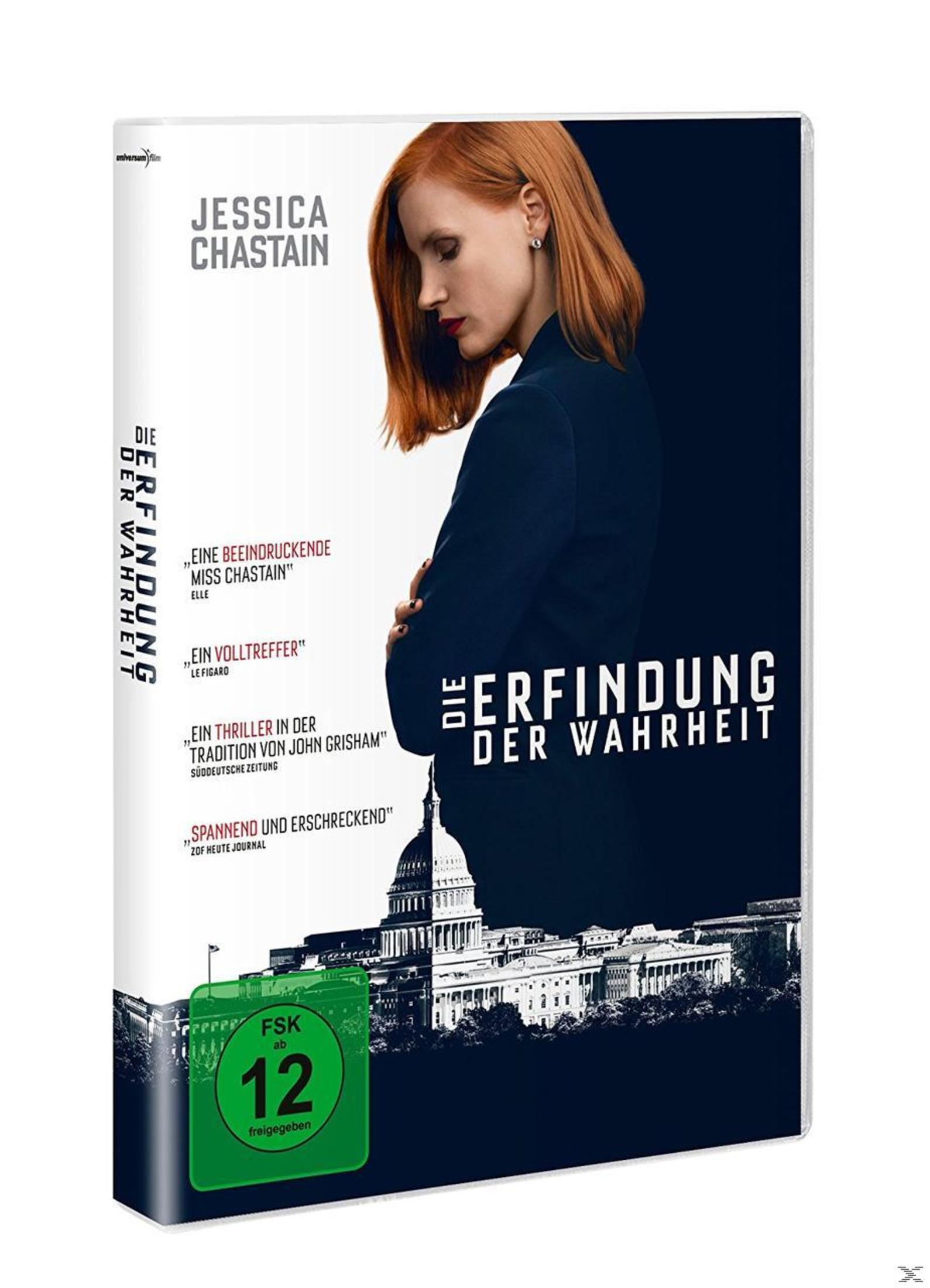 DVD-Cover des Films Die Erfindung der Wahrheit mit Jessica Chastain und dem Kapitol im Hintergrund.